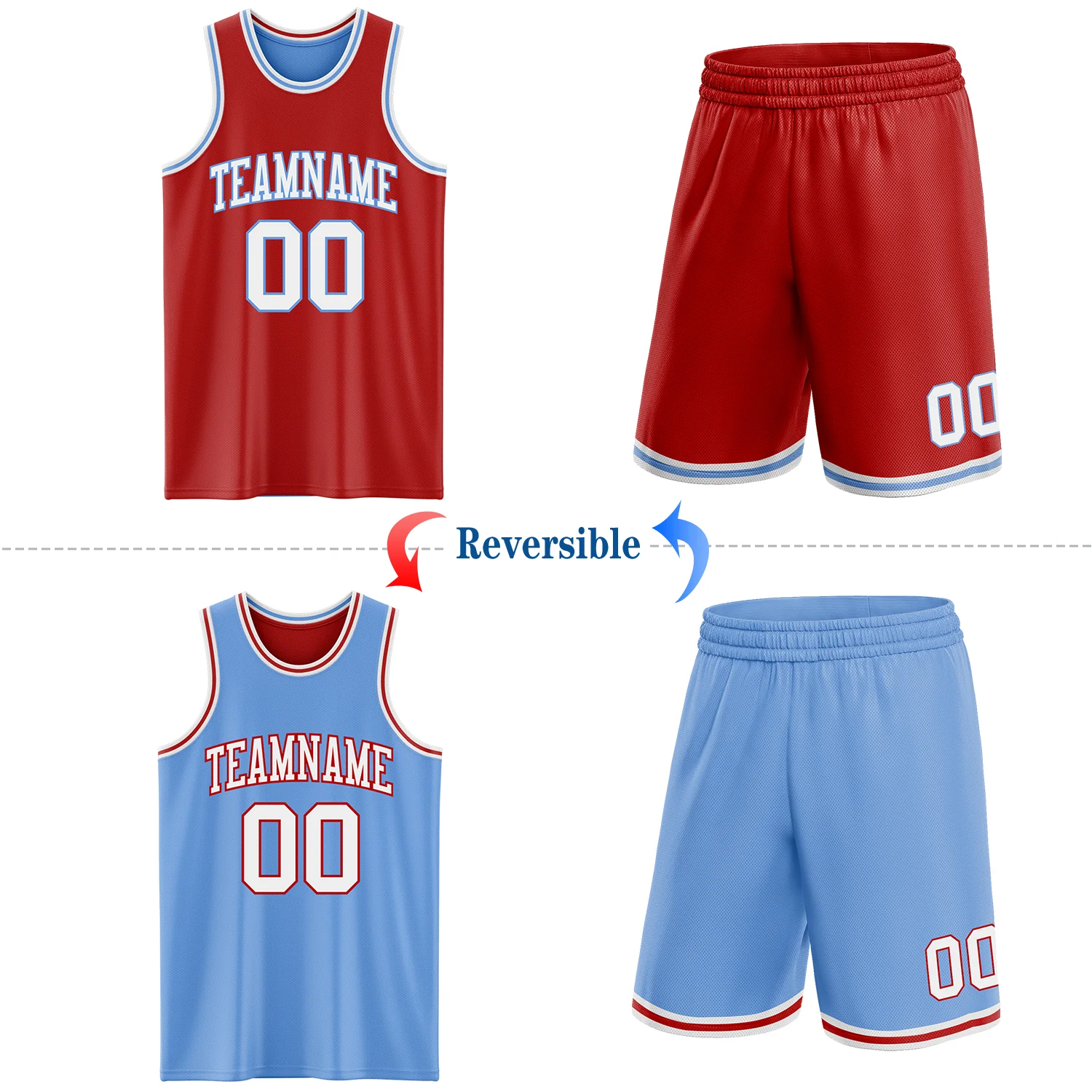 Custom Red White-Light Blue Reversible Double Side Sublimation Basketball Suit Jersey - Image 2