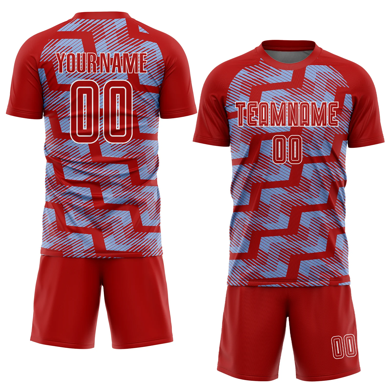 Custom Red Light Blue-White Line Sublimation Soccer Uniform Jersey - Image 2