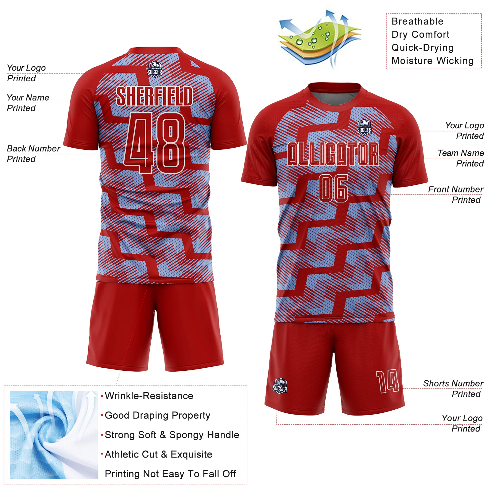 Custom Red Light Blue-White Line Sublimation Soccer Uniform Jersey - Image 4