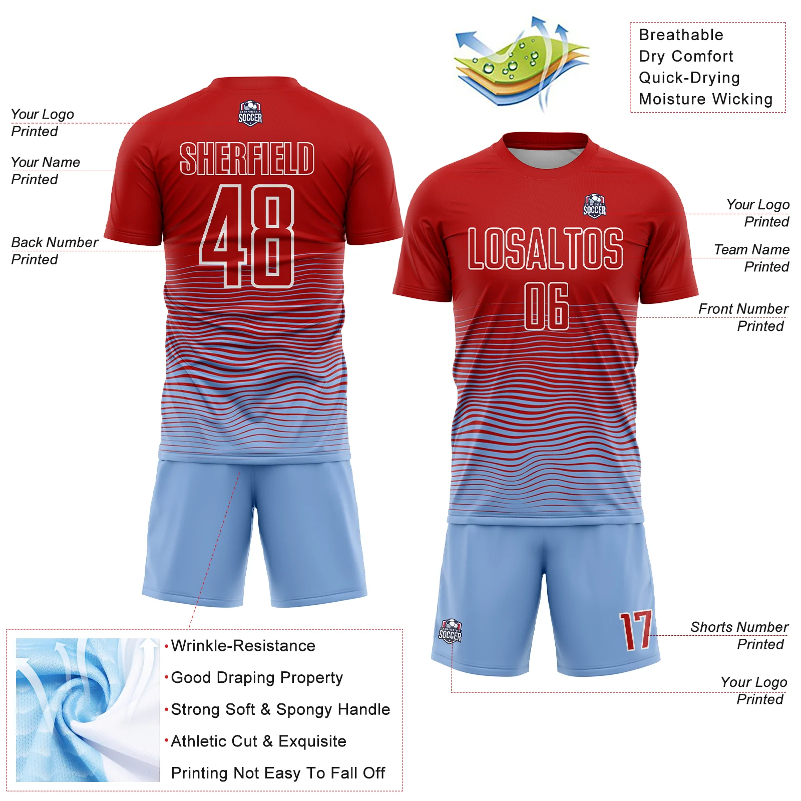 Custom Red Light Blue-White Gradient Line Sublimation Soccer Uniform Jersey - Image 4