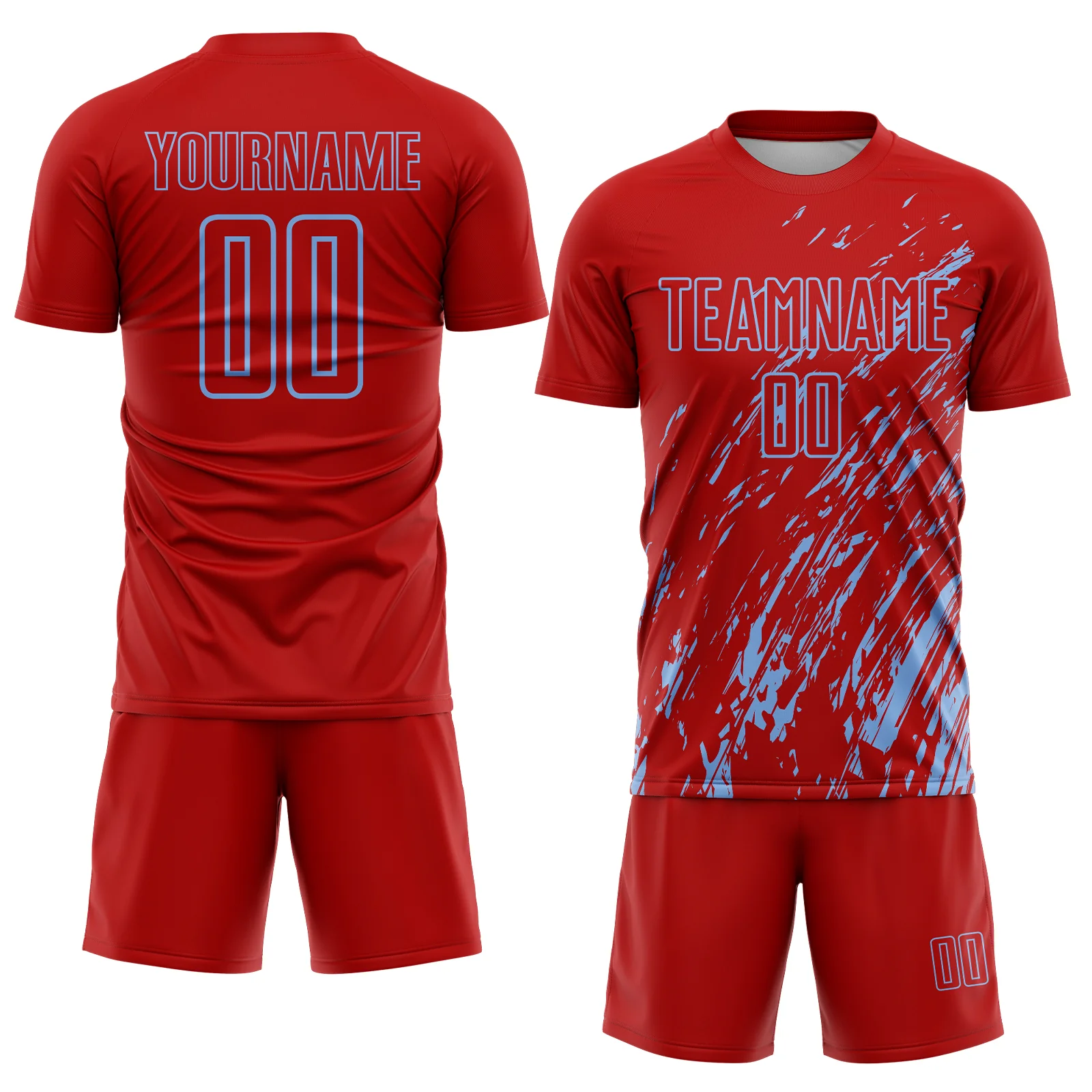 Custom Red Light Blue Splash Sublimation Soccer Uniform Jersey - Image 2