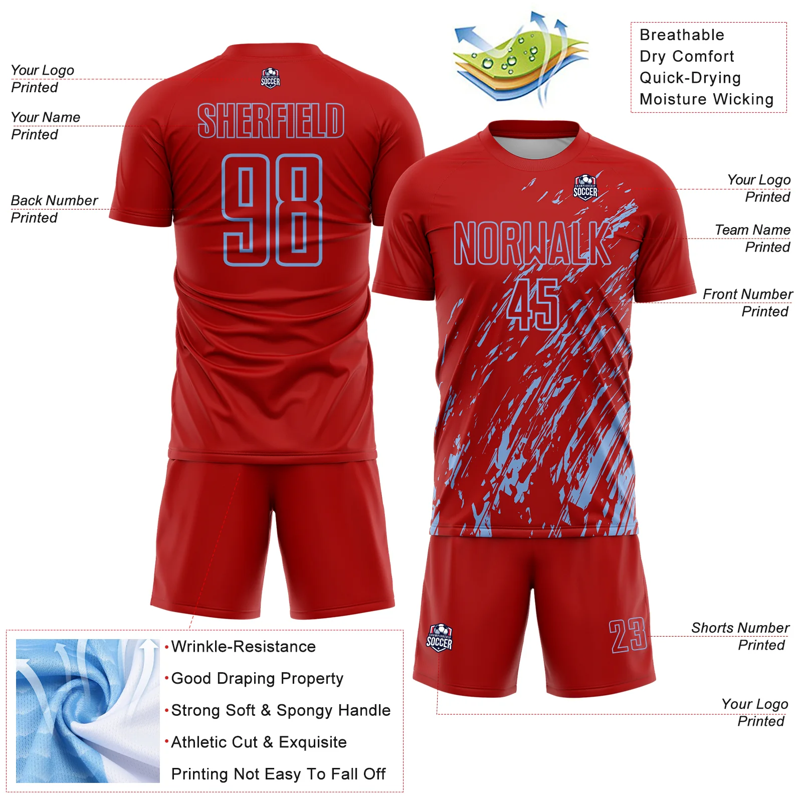Custom Red Light Blue Splash Sublimation Soccer Uniform Jersey - Image 4