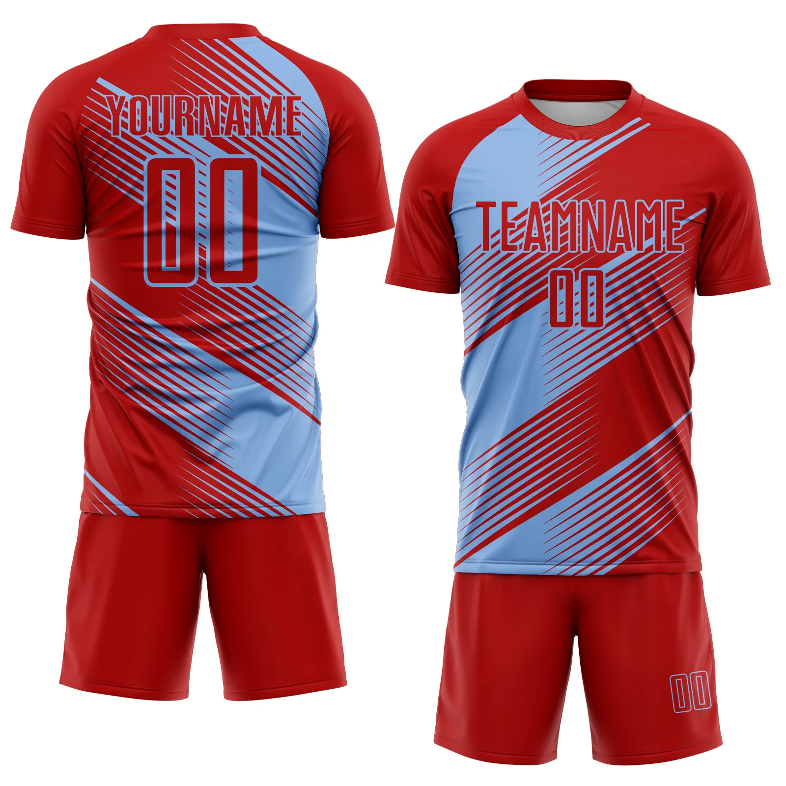 Custom Red Light Blue Line Sublimation Soccer Uniform Jersey - Image 2
