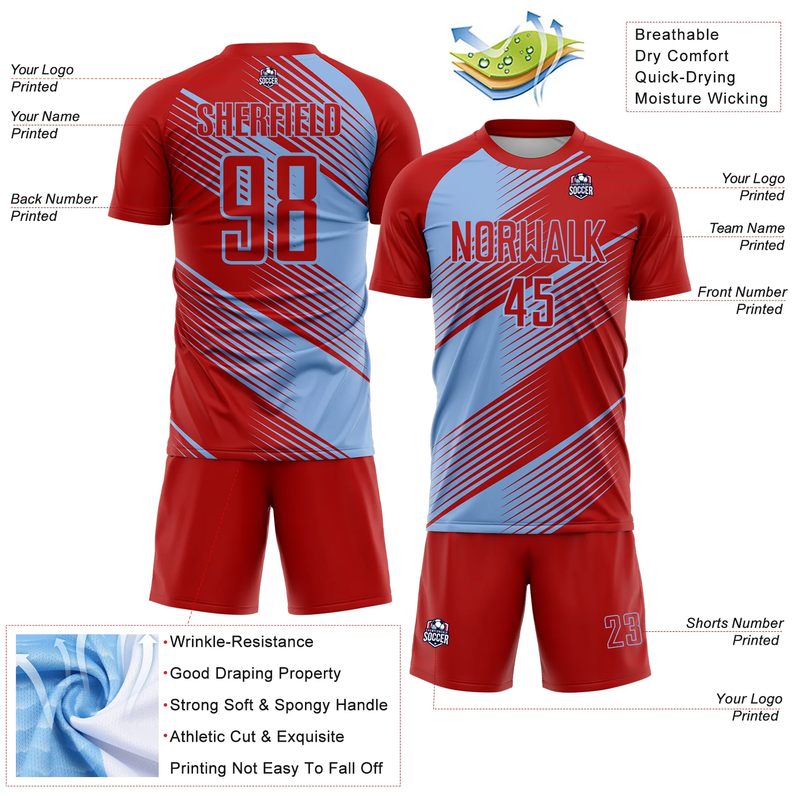 Custom Red Light Blue Line Sublimation Soccer Uniform Jersey - Image 4