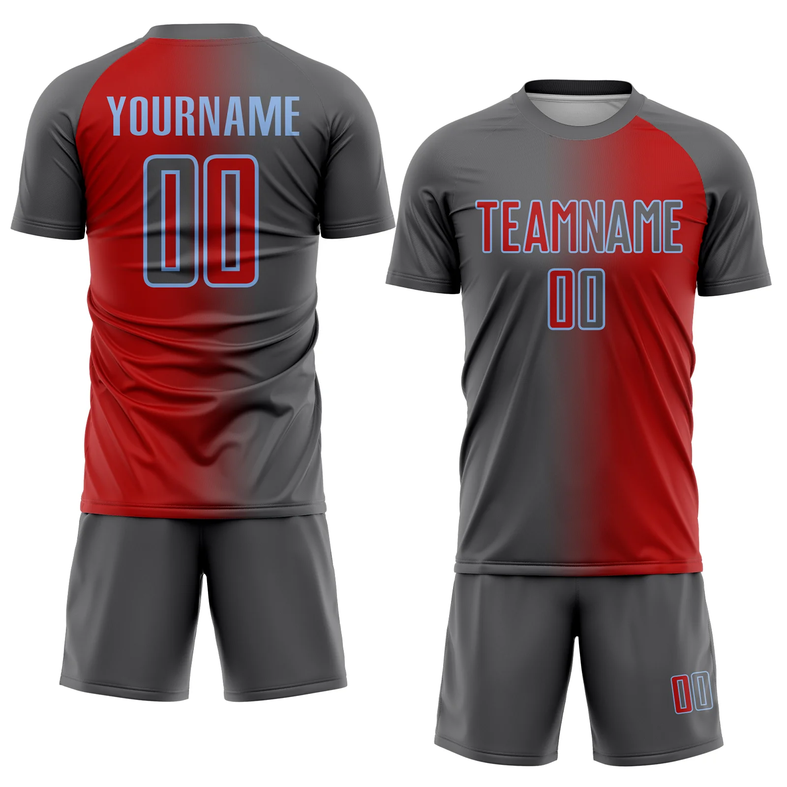 Custom Red Steel Gray-Light Blue Sublimation Gradient Fashion Soccer Uniform Jersey - Image 2