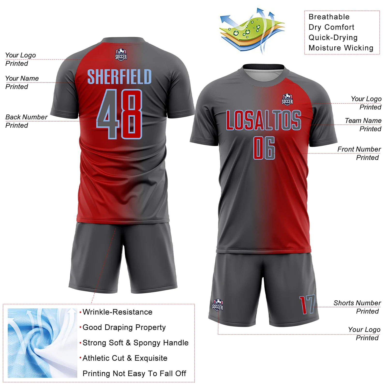 Custom Red Steel Gray-Light Blue Sublimation Gradient Fashion Soccer Uniform Jersey - Image 4