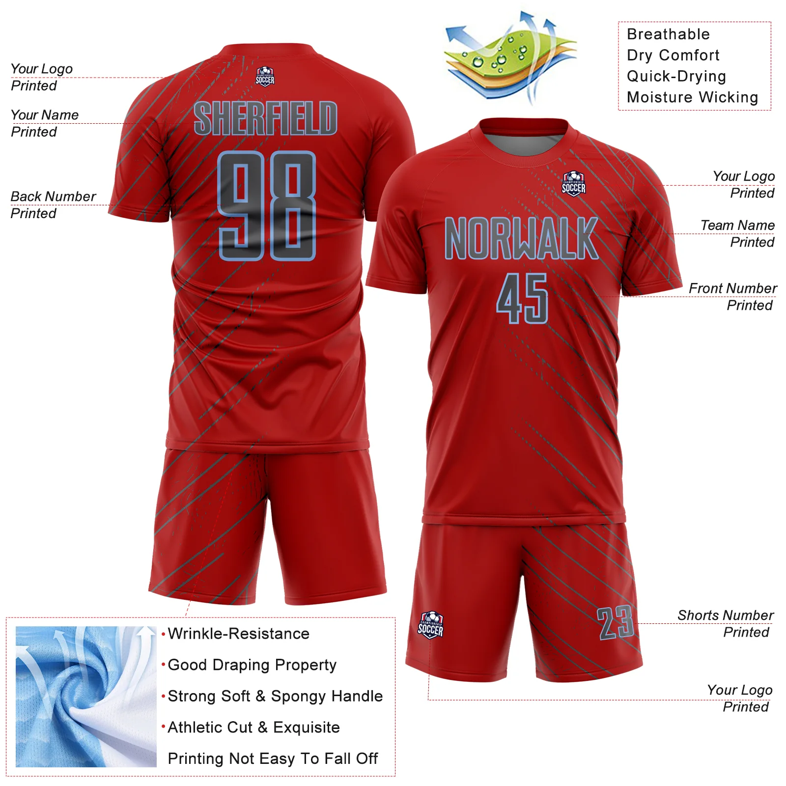 Custom Red Steel Gray-Light Blue Lines Sports Sublimation Soccer Uniform Jersey - Image 4