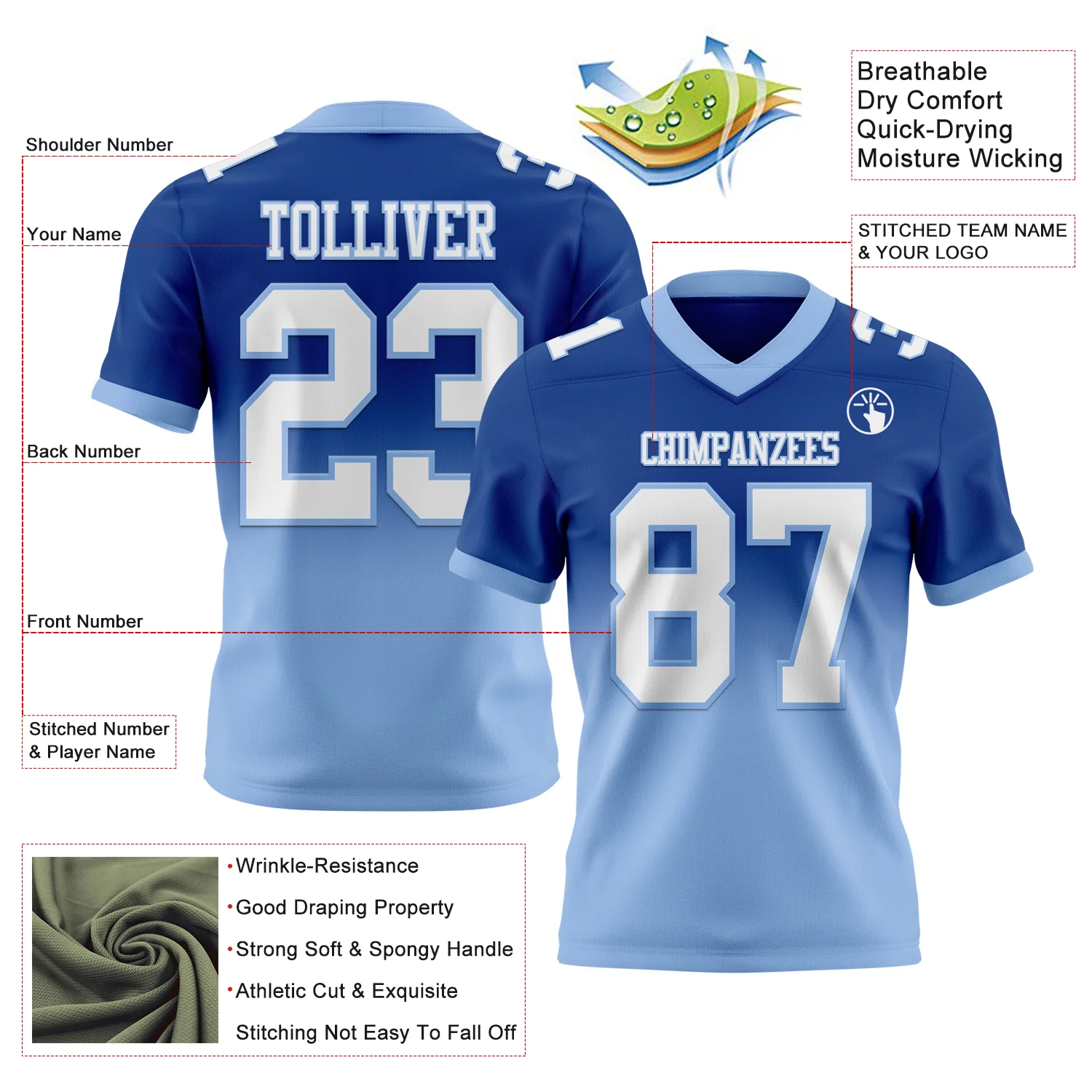 Custom Royal White-Light Blue Authentic Fade Fashion Football Jersey - Image 2