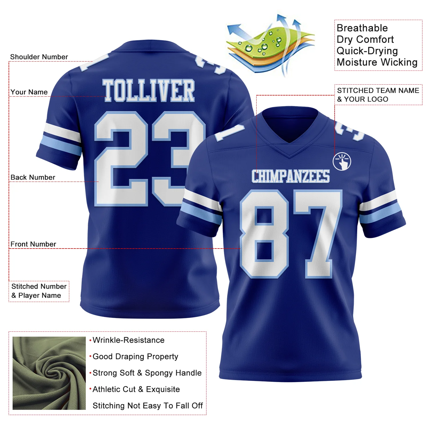 Custom Royal White-Light Blue Authentic Football Jersey - Image 3