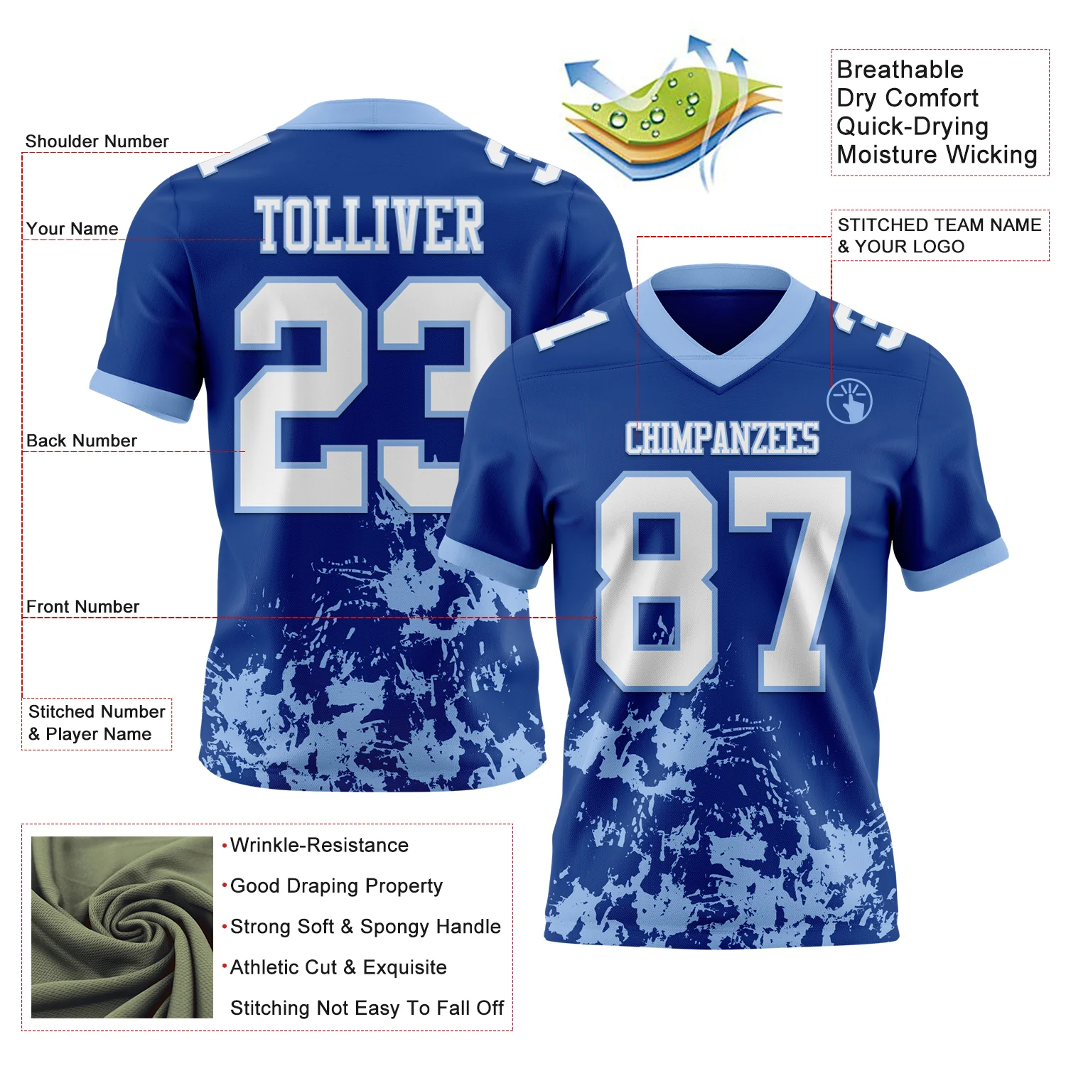 Custom Royal White-Light Blue 3D Pattern Splash Authentic Football Jersey - Image 2