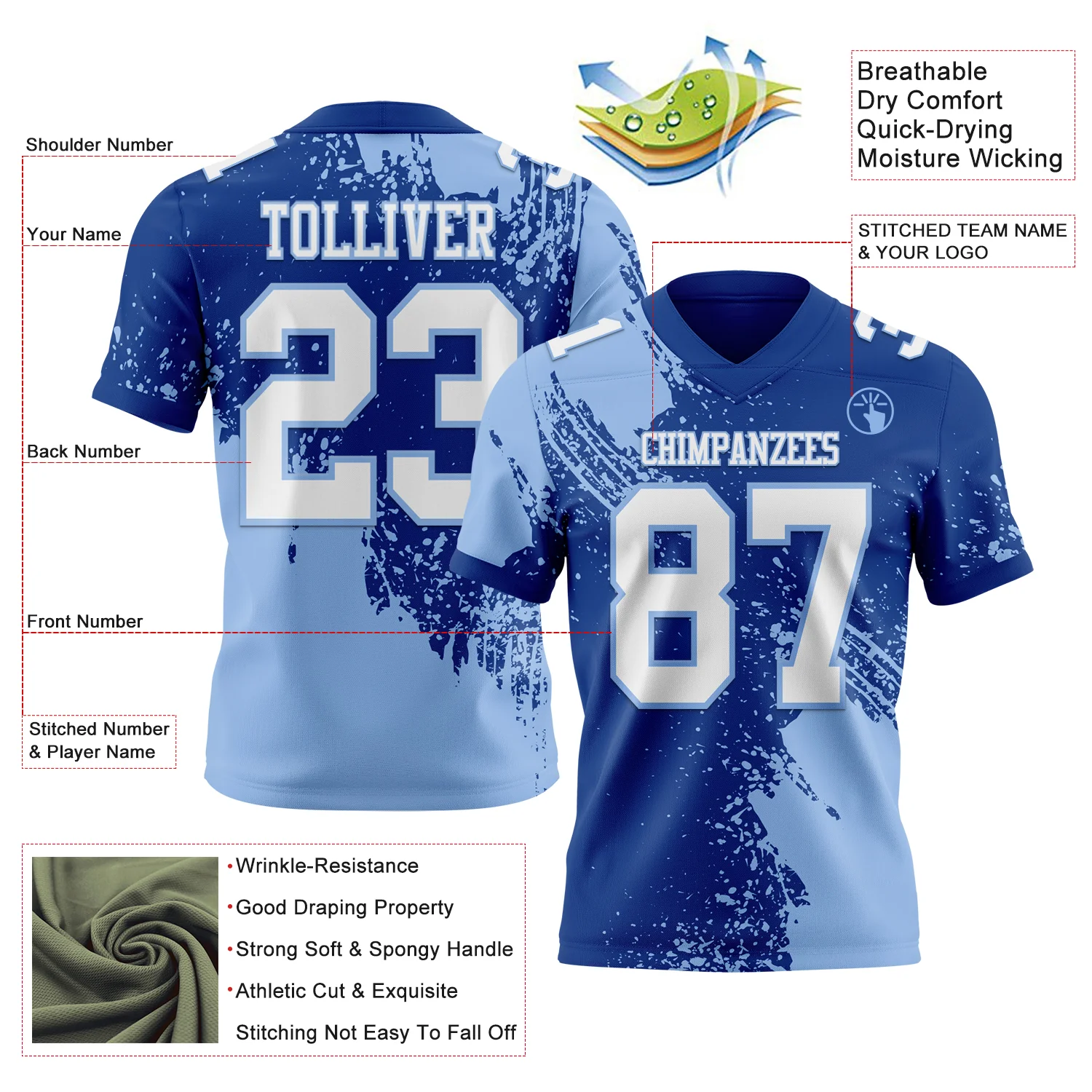 Custom Royal White-Light Blue 3D Pattern Abstract Brush Stroke Authentic Football Jersey - Image 2