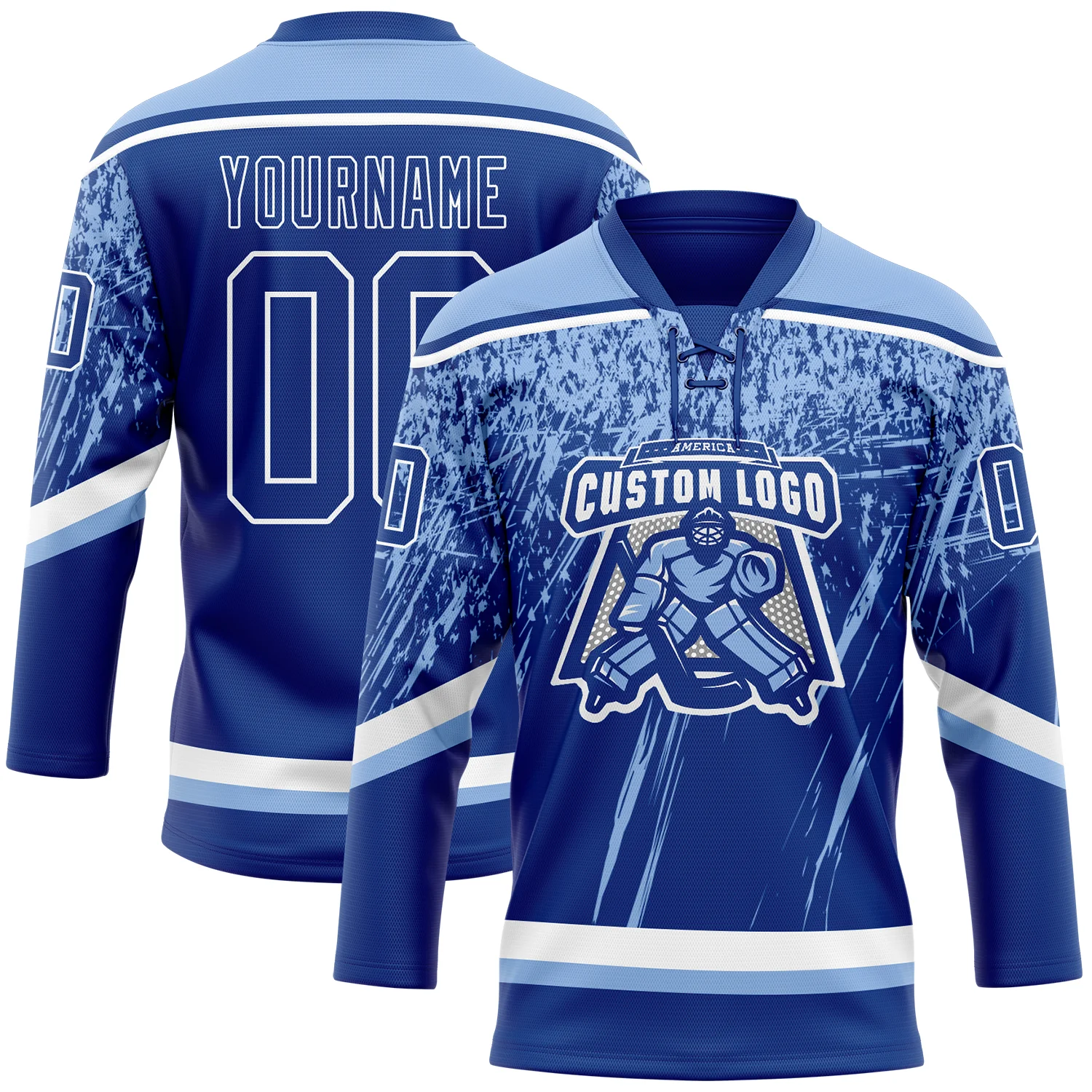 Custom Royal Light Blue-White 3D Splash Hockey Lace Neck Jersey - Image 2
