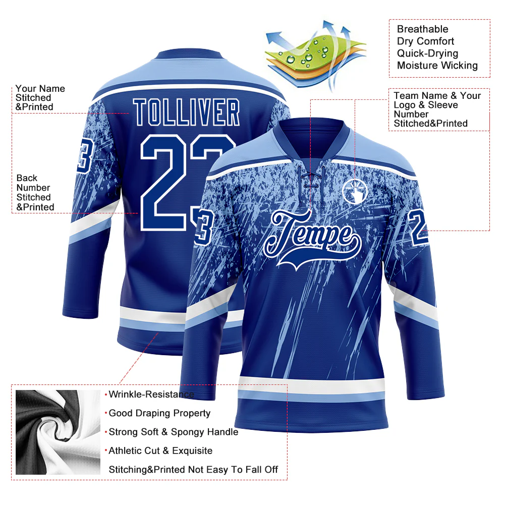 Custom Royal Light Blue-White 3D Splash Hockey Lace Neck Jersey - Image 3
