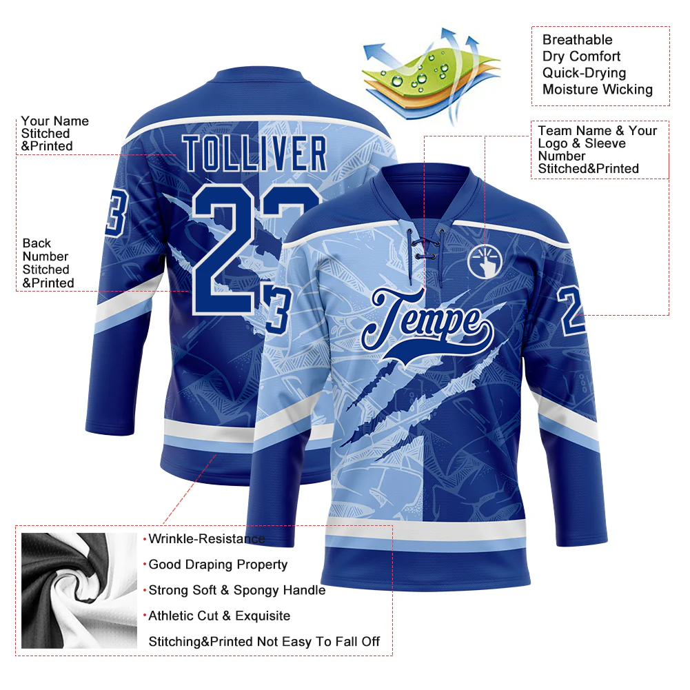 Custom Royal Light Blue-White 3D Pattern Gradient Fashion Scratch Hockey Lace Neck Jersey - Image 3