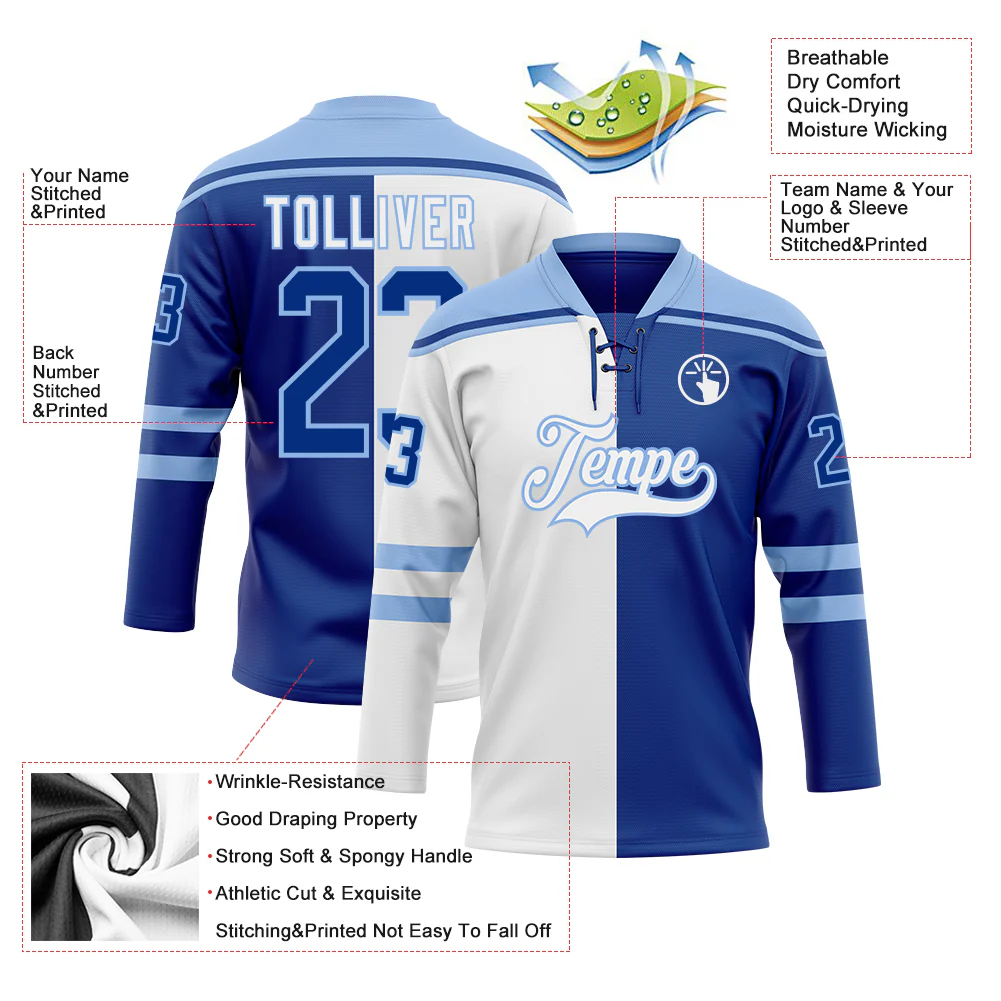 Custom Royal Light Blue-White Split Fashion Hockey Lace Neck Jersey - Image 5