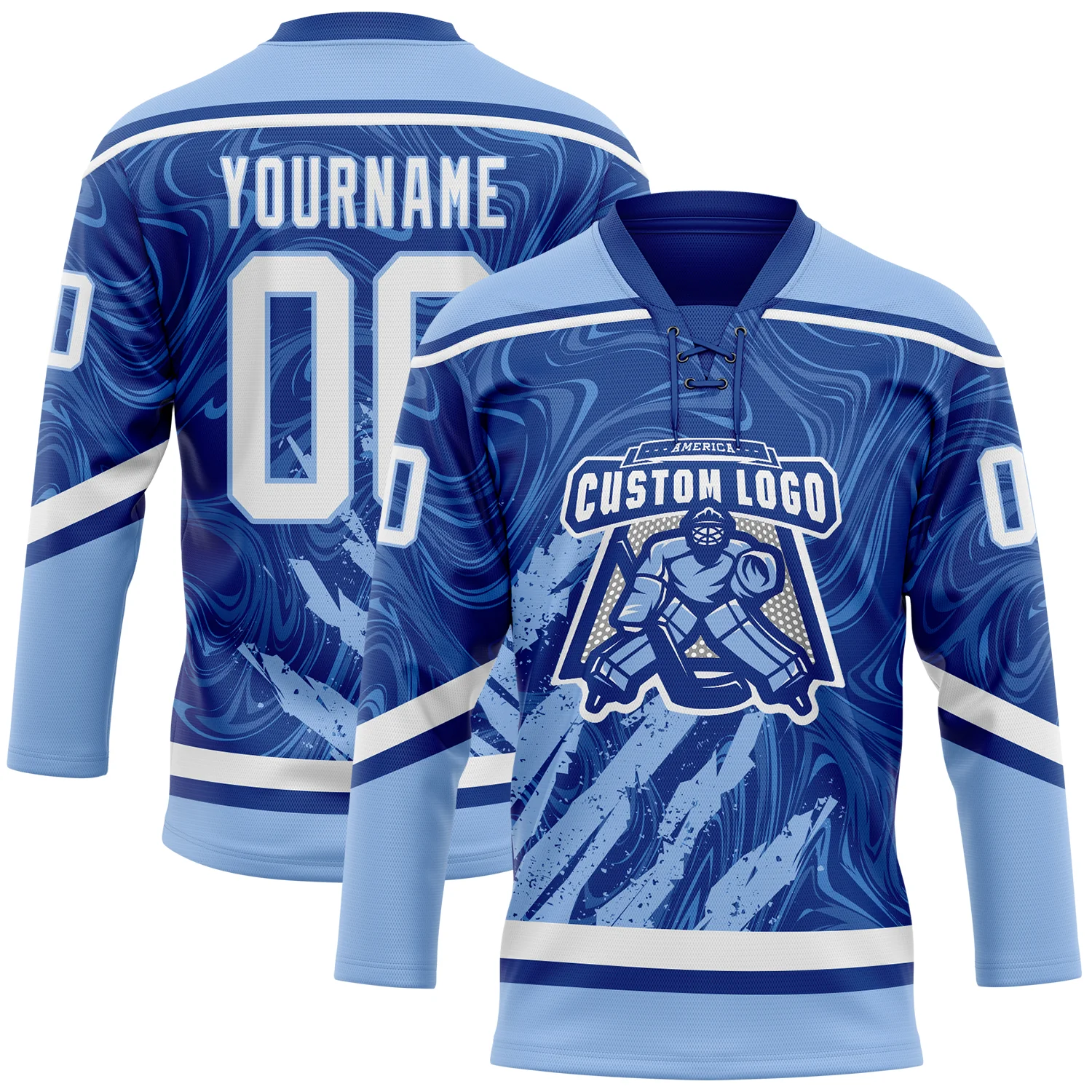 Custom Royal White-Light Blue 3D Splash Art Hockey Lace Neck Jersey - Image 2
