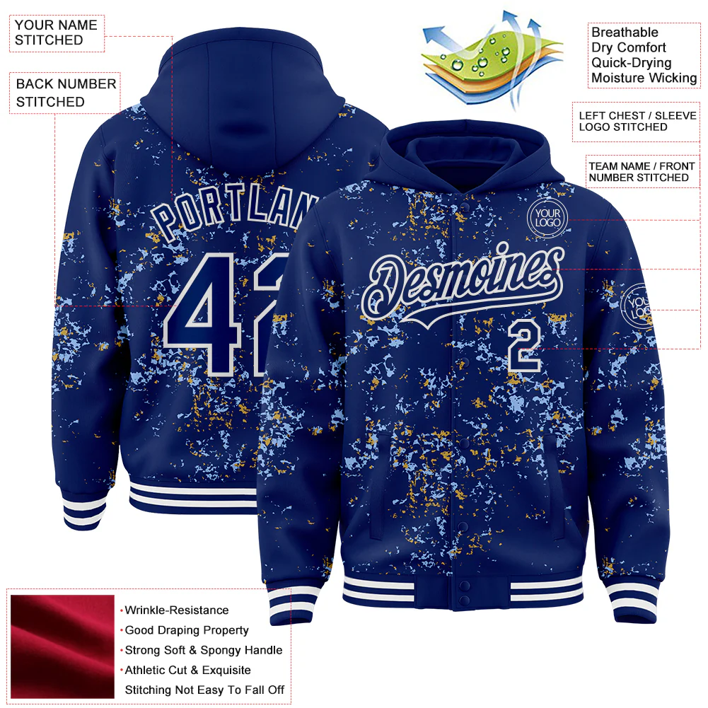 Custom Royal Light Blue Old Gold-White Fragment Pattern Bomber Full-Snap Varsity Letterman Hoodie Jacket - Image 4