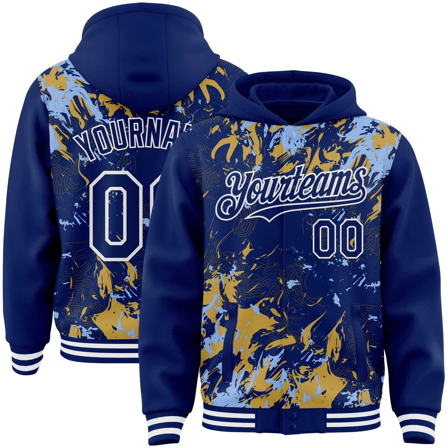 Custom Royal Light Blue Old Gold-White Splash Bomber Full-Snap Varsity Letterman Hoodie Jacket