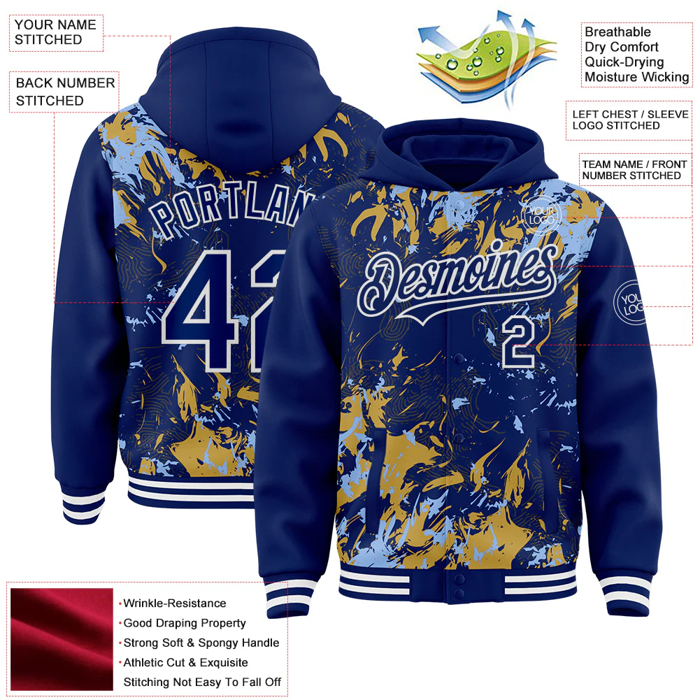 Custom Royal Light Blue Old Gold-White Splash Bomber Full-Snap Varsity Letterman Hoodie Jacket - Image 4