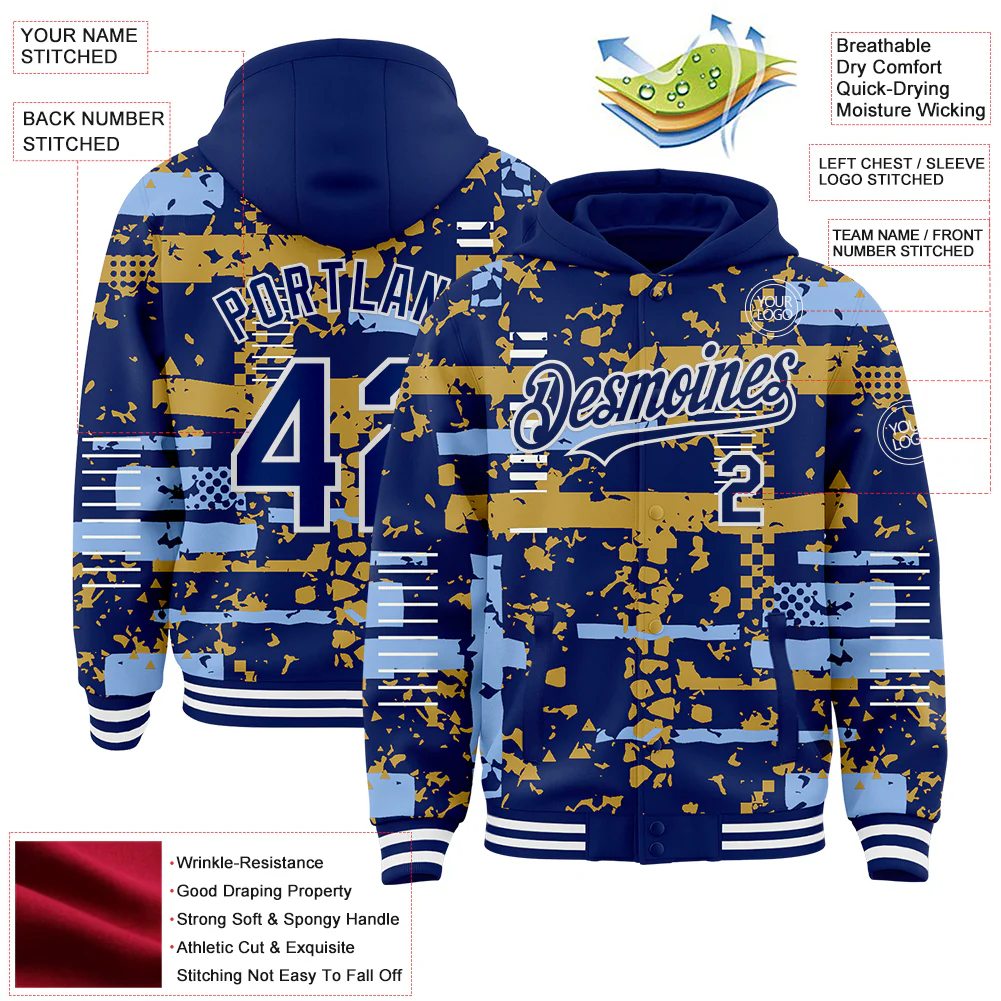 Custom Royal Light Blue Old Gold-White Abstract Fragment Shape Bomber Full-Snap Varsity Letterman Hoodie Jacket - Image 4