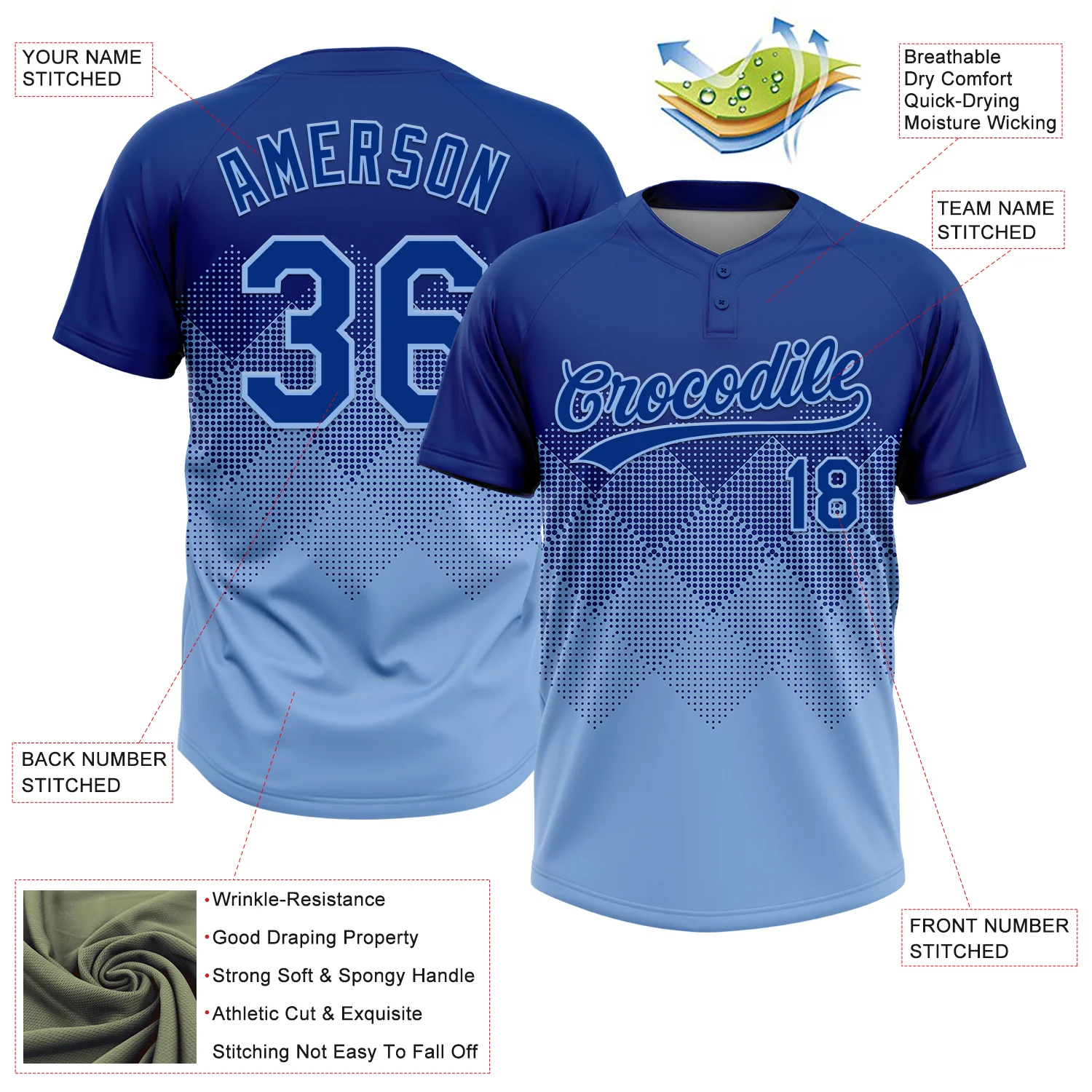 Custom Royal Light Blue 3D Gradient Square Shape Two-Button Unisex Softball Jersey - Image 3