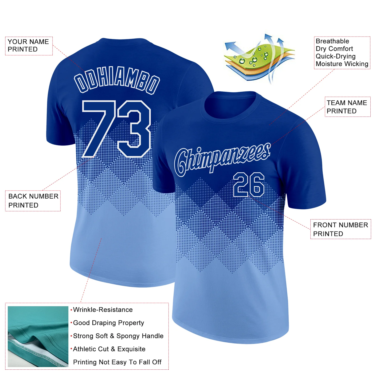 Custom Royal Light Blue-White 3D Pattern Design Gradient Square Shapes Performance T-Shirt - Image 2