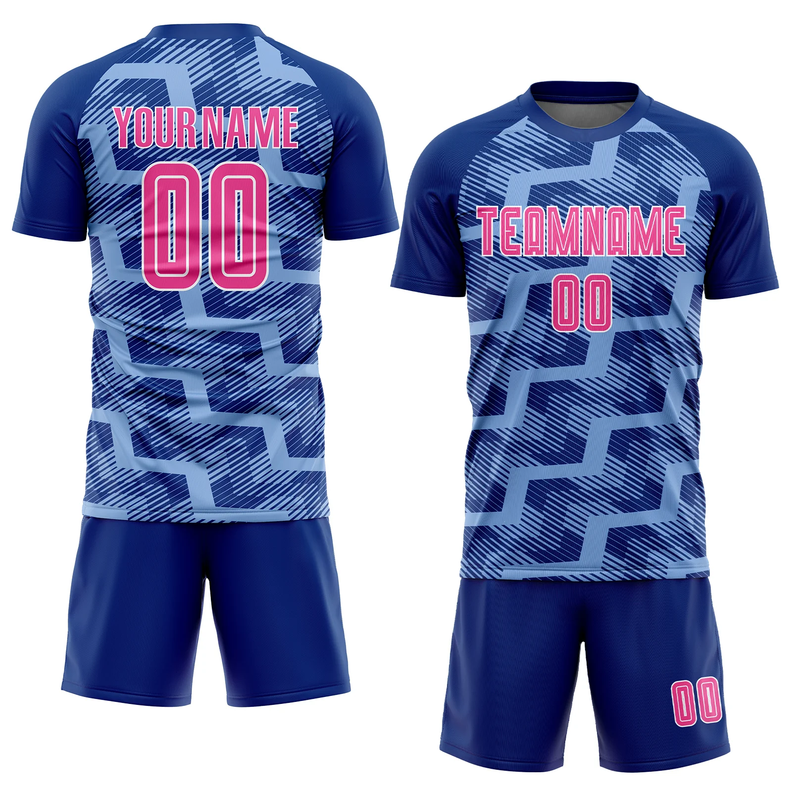 Custom Royal Pink-Light Blue Line Sublimation Soccer Uniform Jersey - Image 2