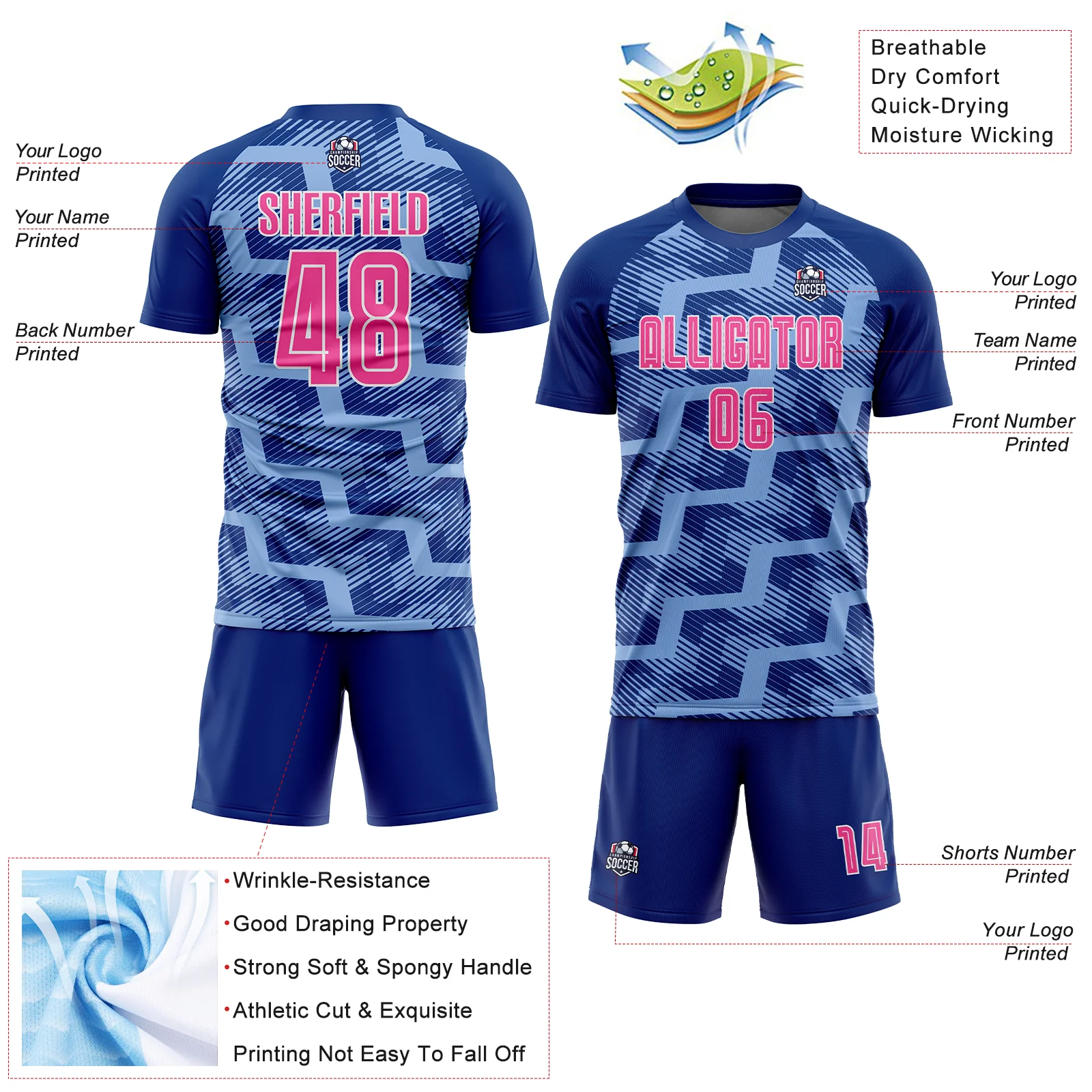 Custom Royal Pink-Light Blue Line Sublimation Soccer Uniform Jersey - Image 4