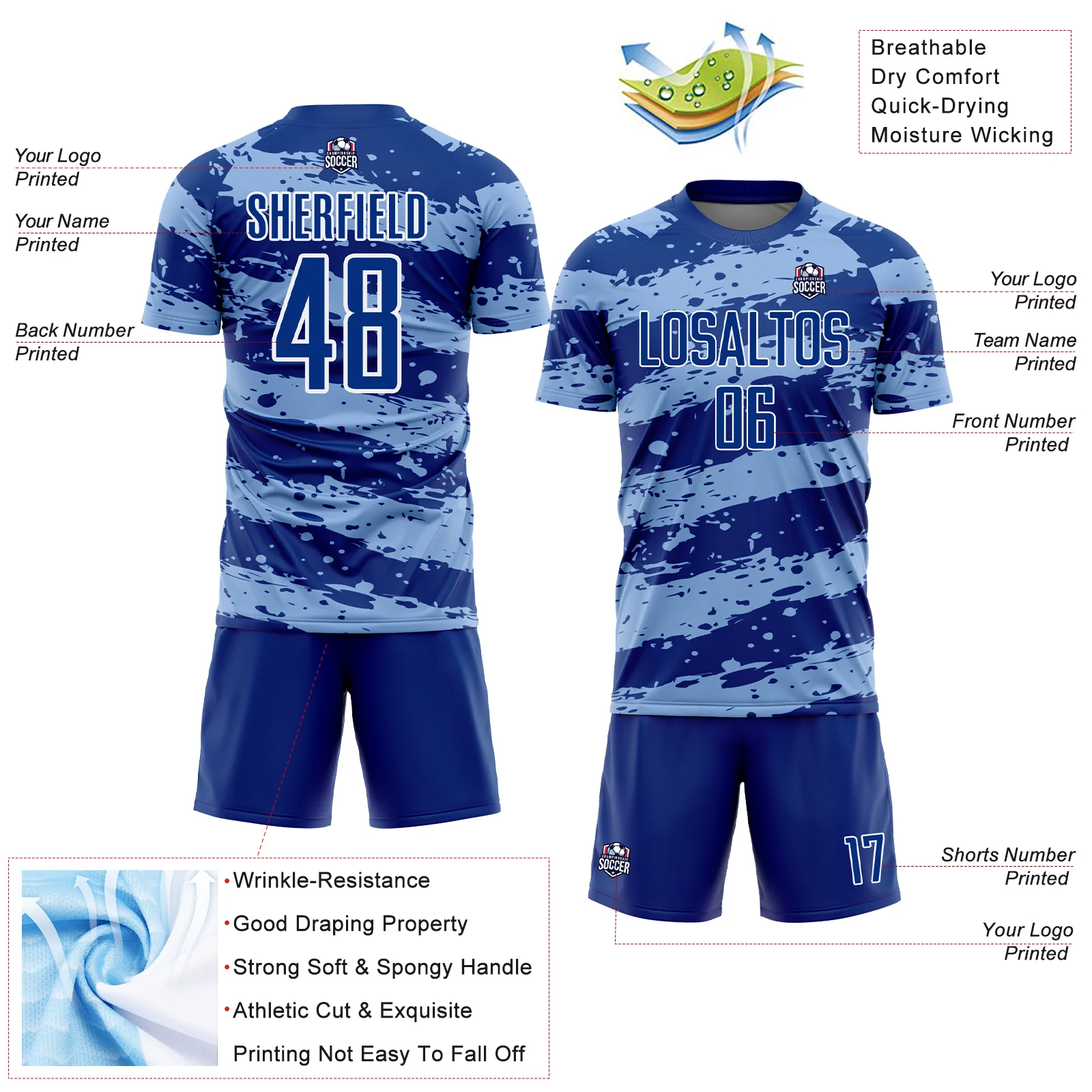 Custom Royal Light Blue-White Splash Sublimation Soccer Uniform Jersey - Image 4