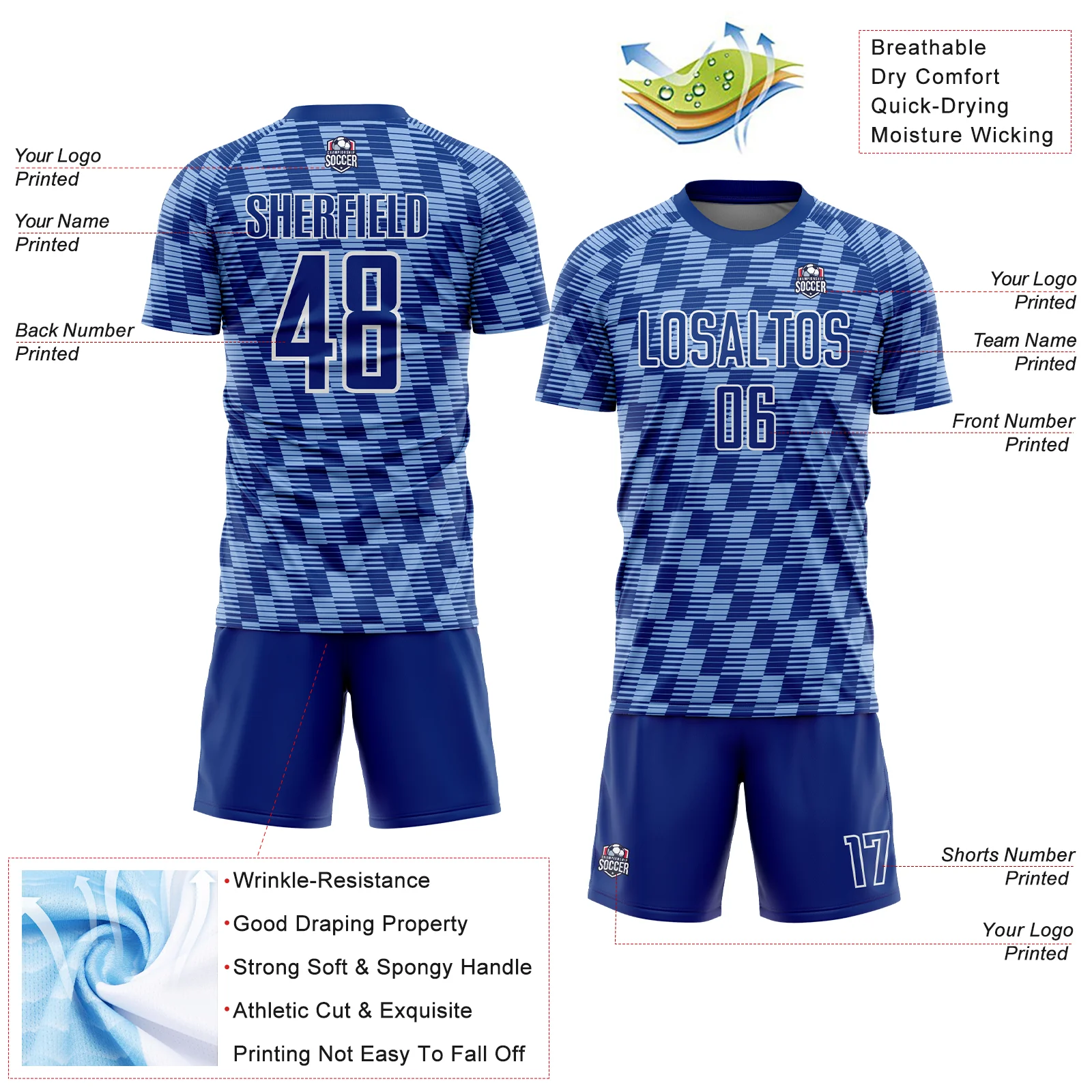 Custom Royal Light Blue-White Line Sublimation Soccer Uniform Jersey - Image 4