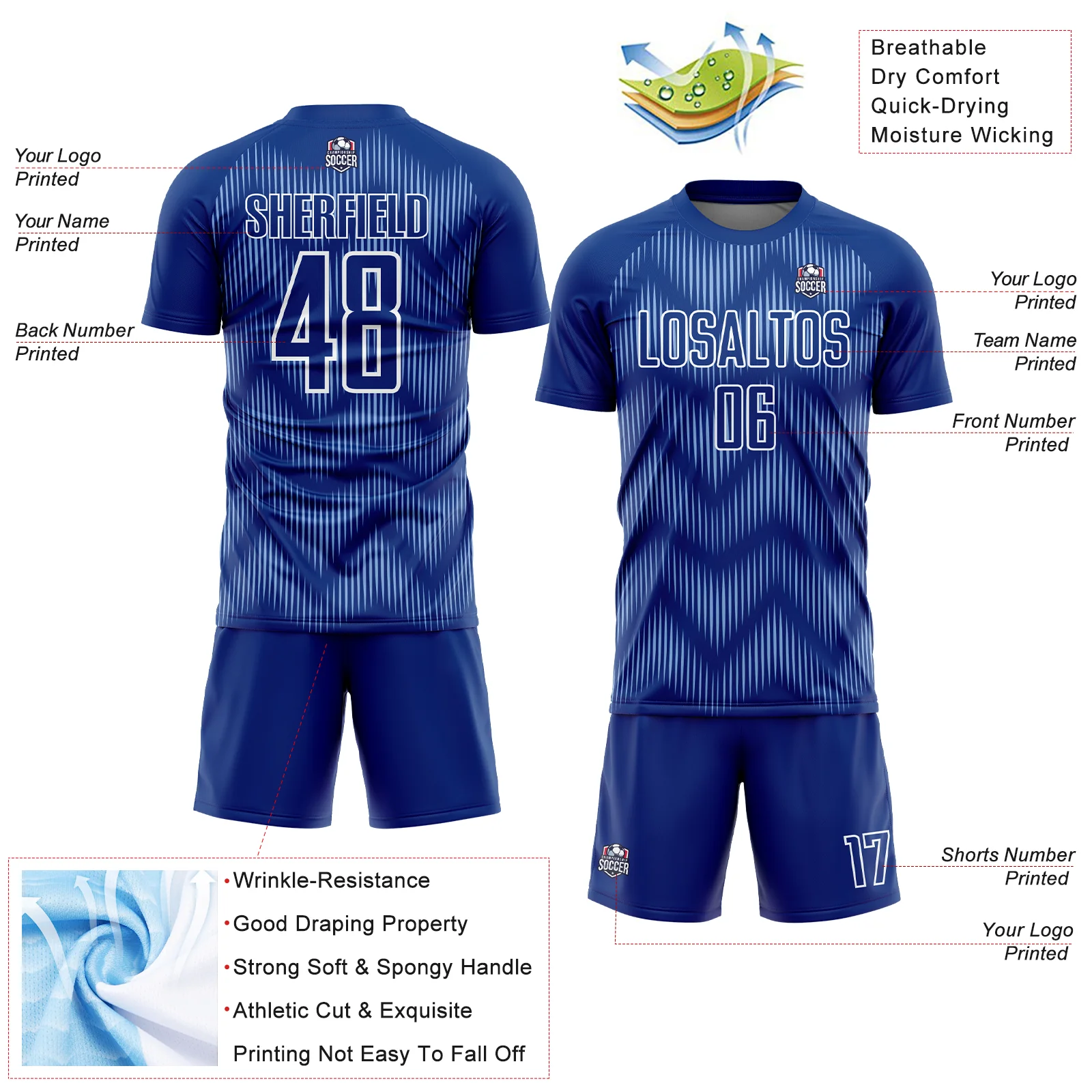 Custom Royal Light Blue-White Line Sublimation Soccer Uniform Jersey - Image 4