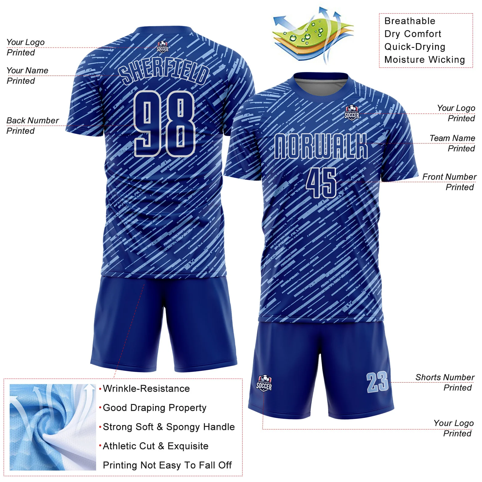 Custom Royal Light Blue-White Line Sports Sublimation Soccer Uniform Jersey - Image 4