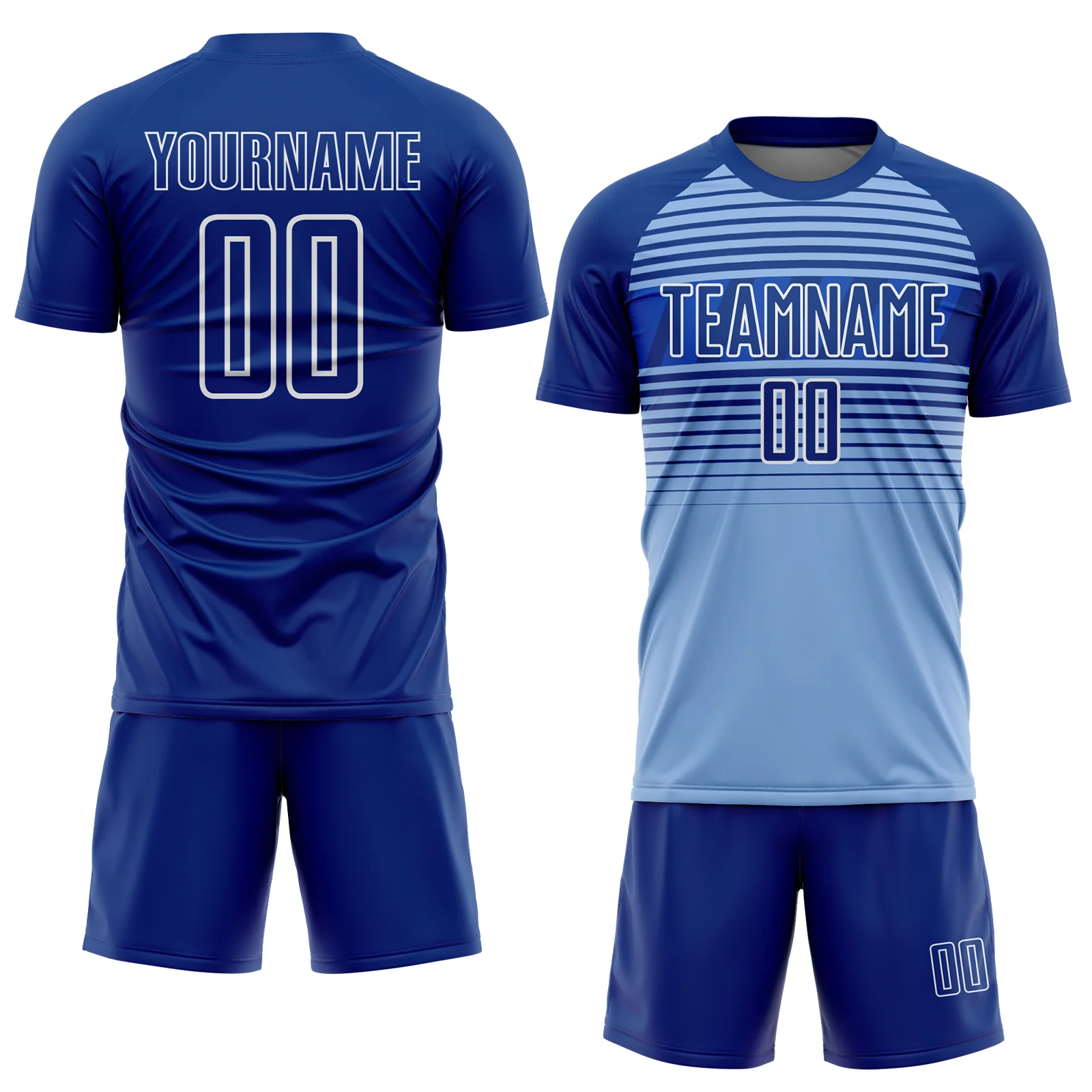 Custom Royal Light Blue Thunder Blue-White Gradient Horizontal Stripes Sublimation Soccer Uniform Jersey - Image 2