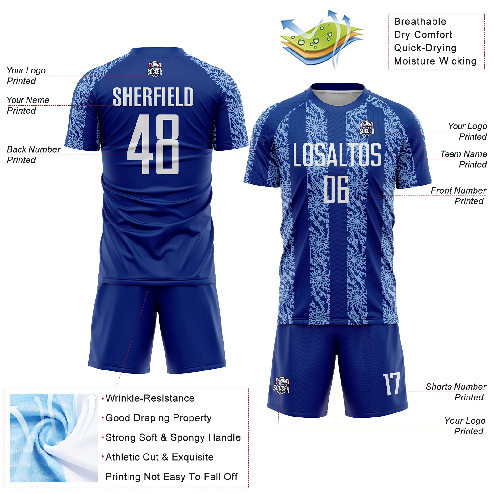 Custom Royal White-Light Blue Abstract Shape Sublimation Soccer Uniform Jersey - Image 4