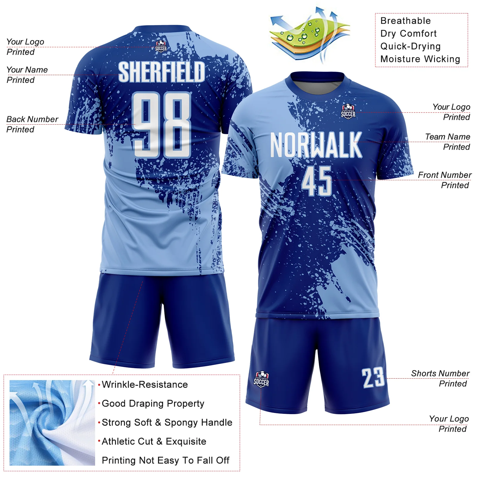 Custom Royal White-Light Blue Abstract Brush Stroke Sports Sublimation Soccer Uniform Jersey - Image 4