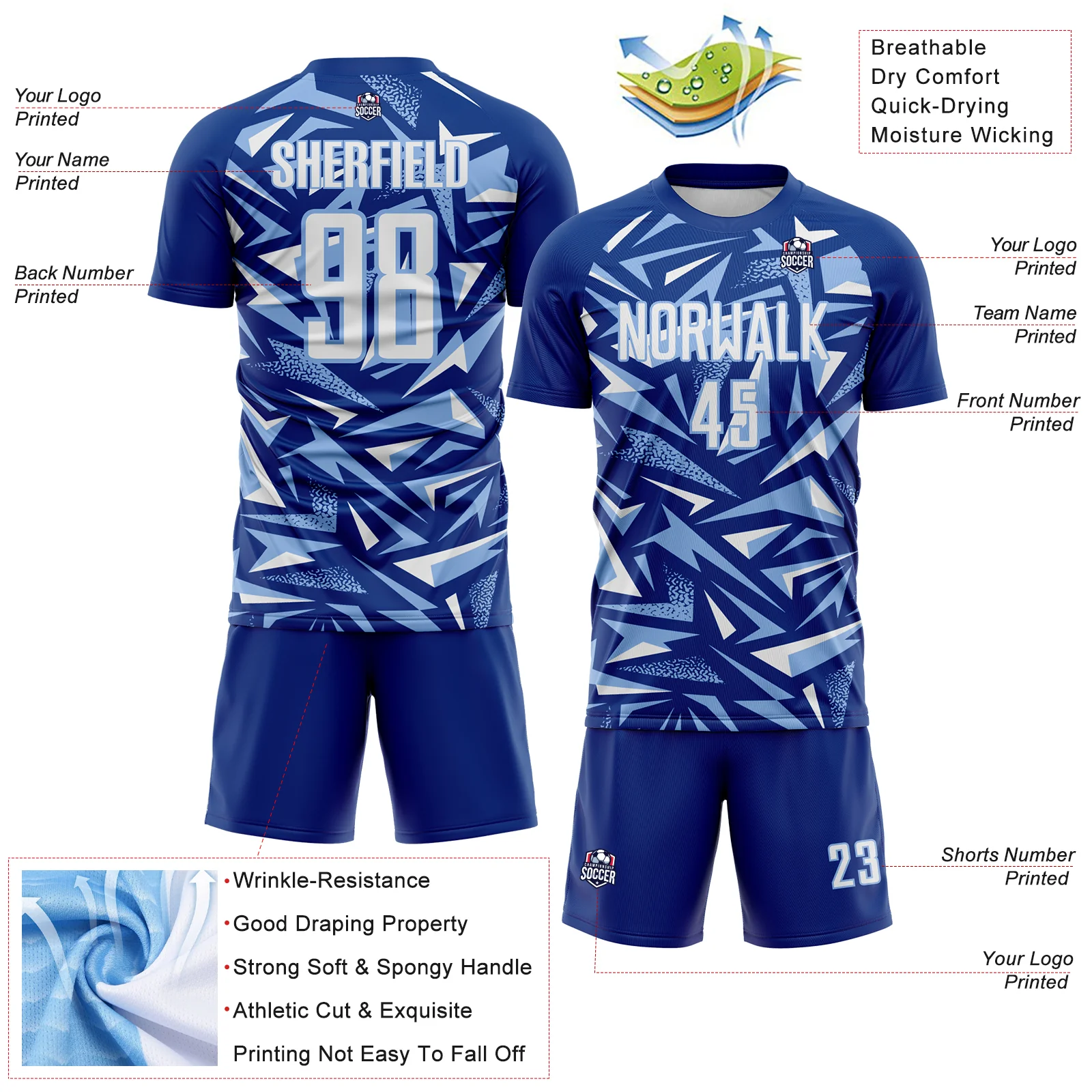 Custom Royal White-Light Blue Cyber Mecha E-sport Geometric Shards Spike Sublimation Soccer Uniform Jersey - Image 4
