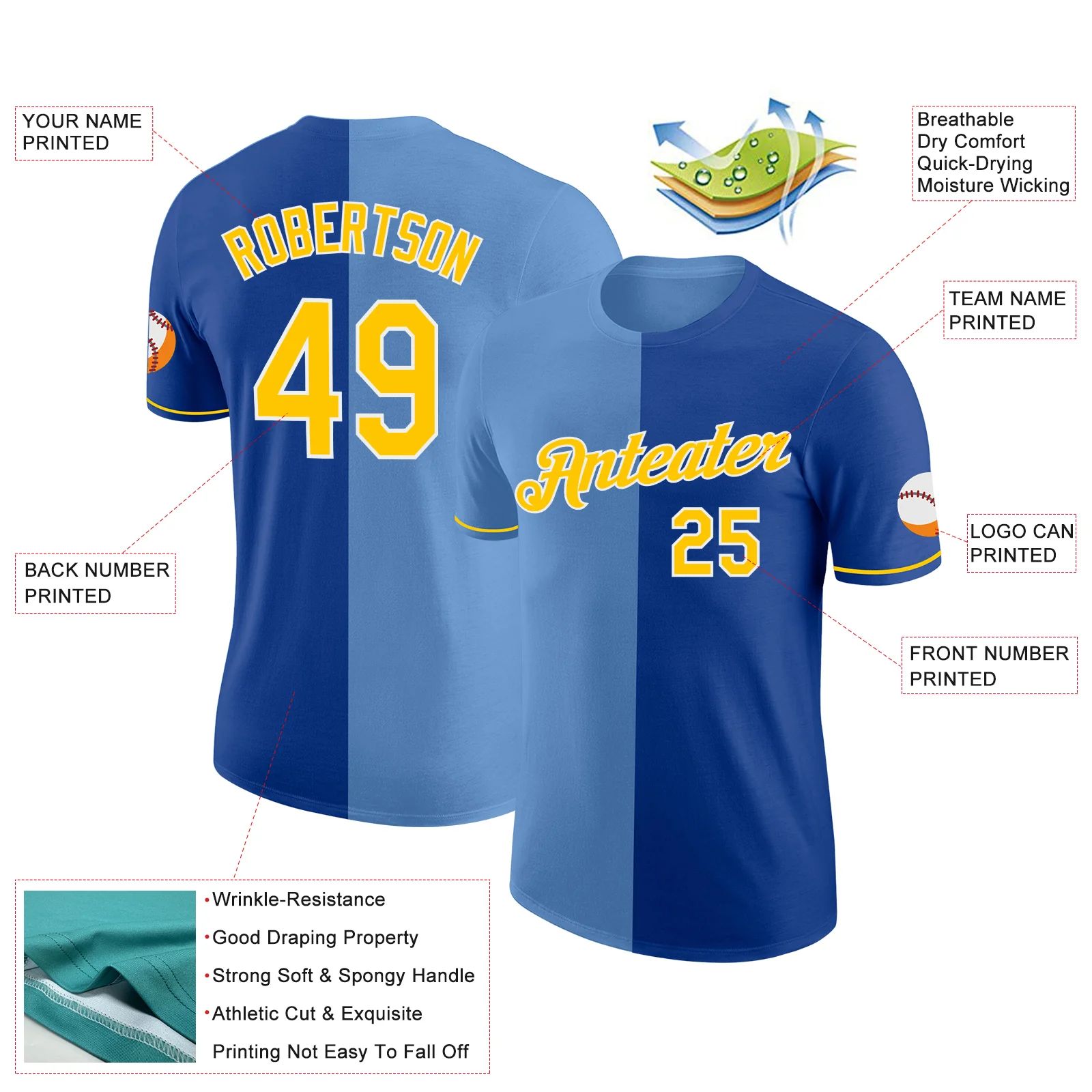 Custom Royal Yellow-Light Blue Split Fashion Performance T-Shirt - Image 2
