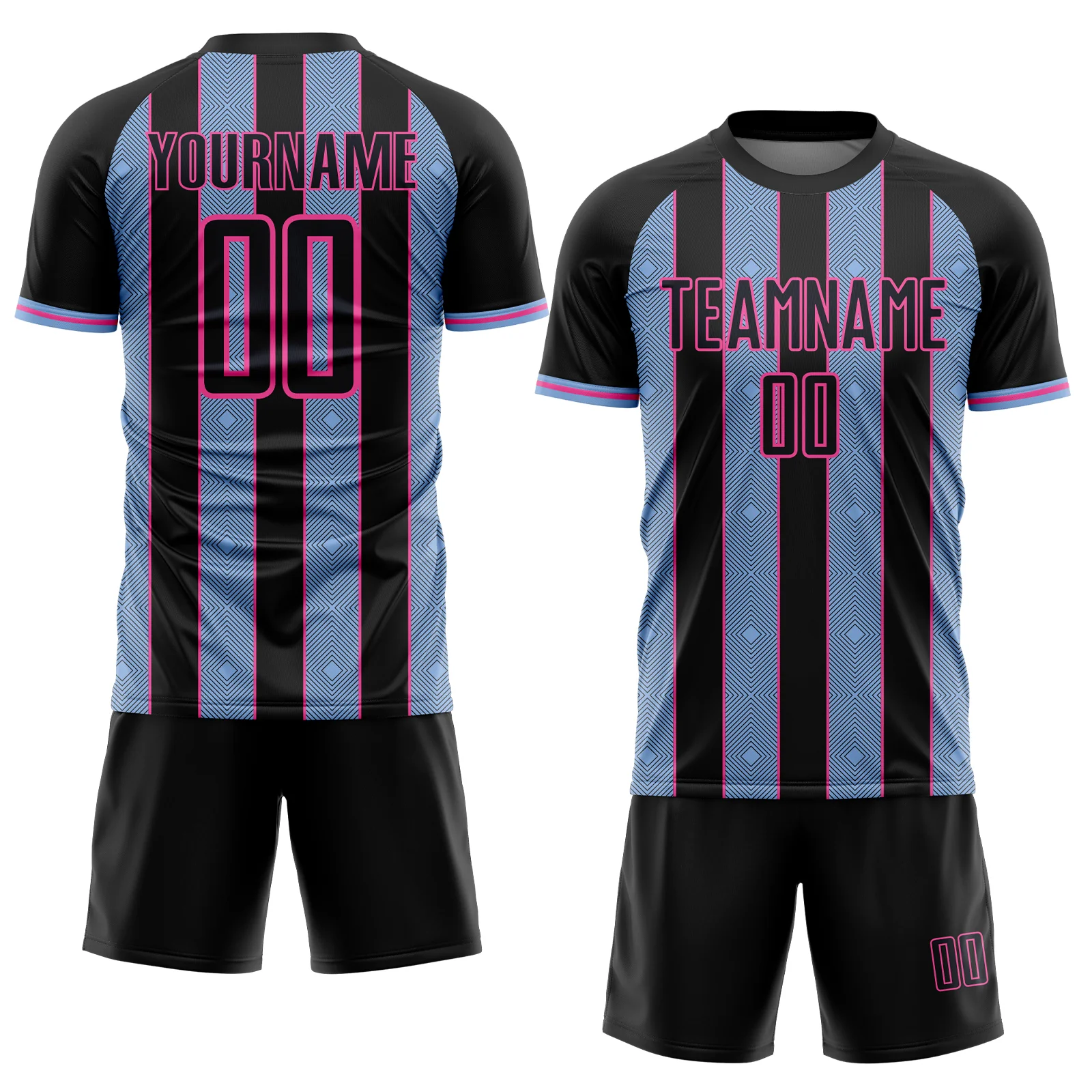 Custom Black Light Blue-Pink Pinstripe Line Sports Sublimation Soccer Uniform Jersey - Image 2
