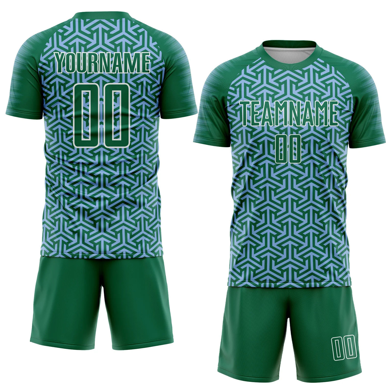 Custom Kelly Green Light Blue-White Geometric Arrow Sublimation Soccer Uniform Jersey - Image 2