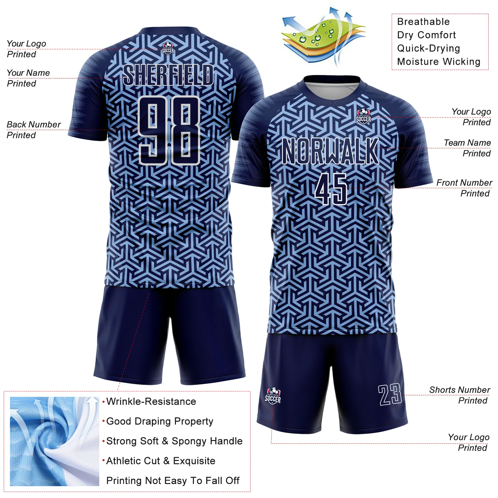 Custom Navy Light Blue-White Geometric Arrow Sublimation Soccer Uniform Jersey - Image 4