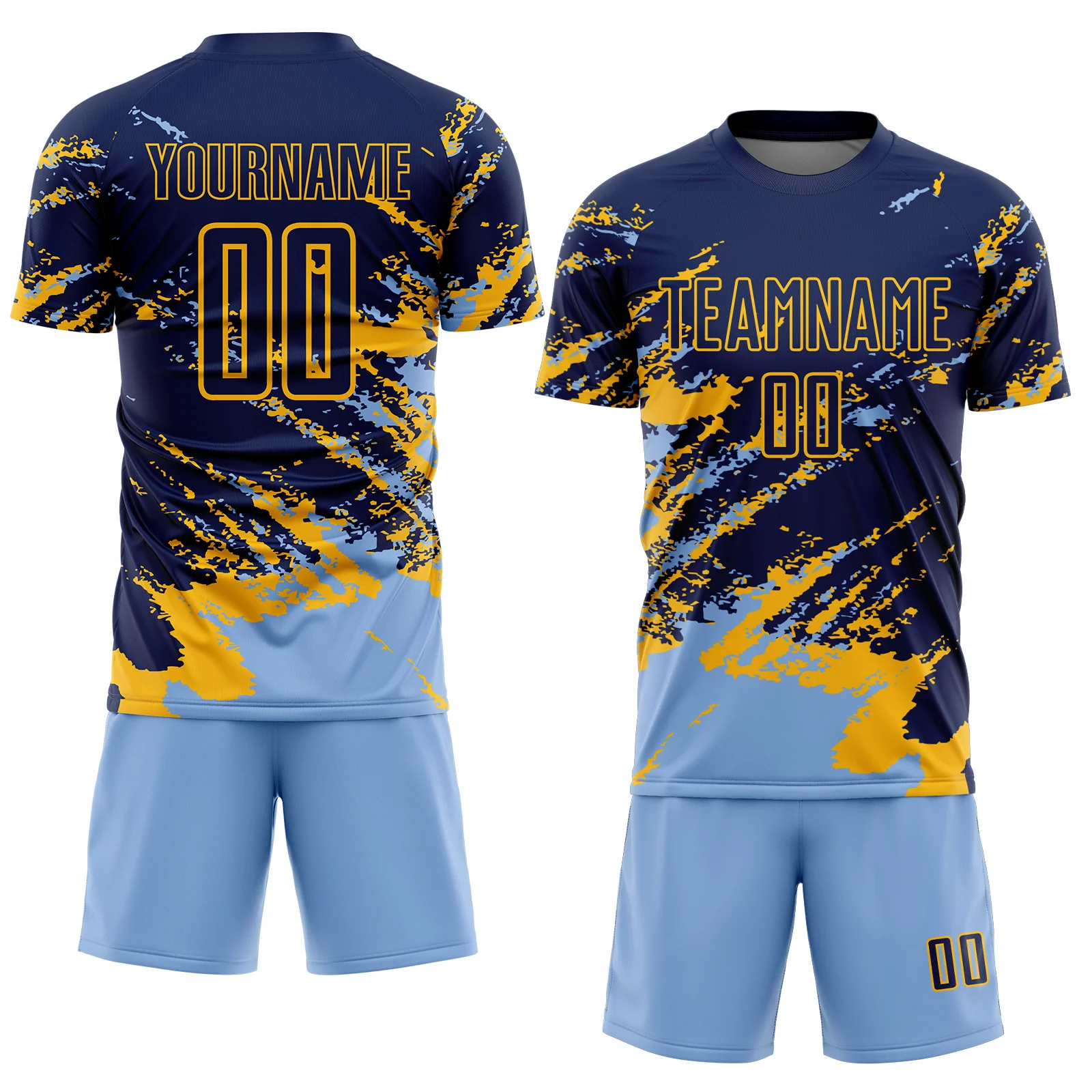 Custom Navy Light Blue-Gold Abstract Fragment Art Splash Sports Sublimation Soccer Uniform Jersey - Image 2