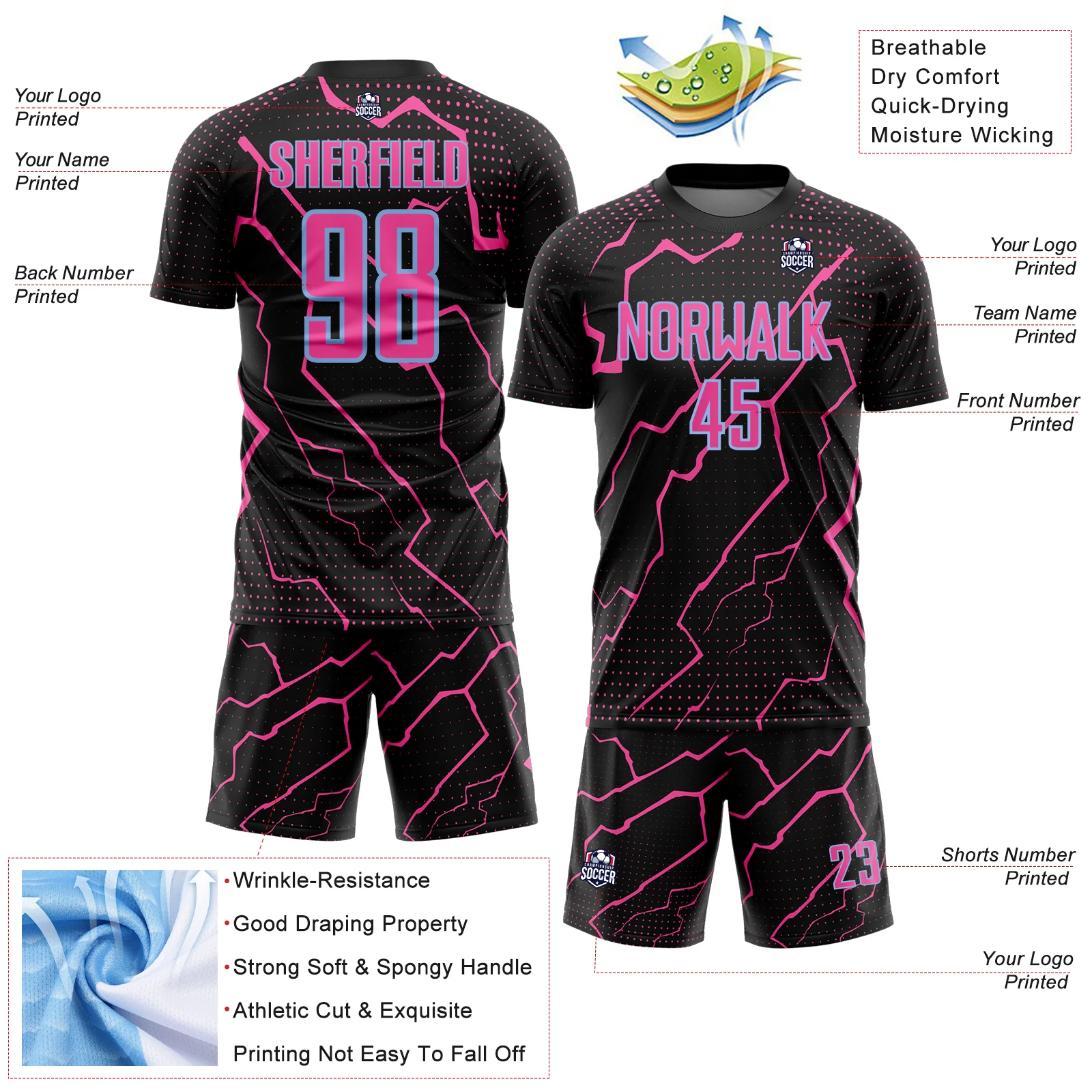Custom Black Pink-Light Blue Lightning Sports Sublimation Soccer Uniform Jersey - Image 4