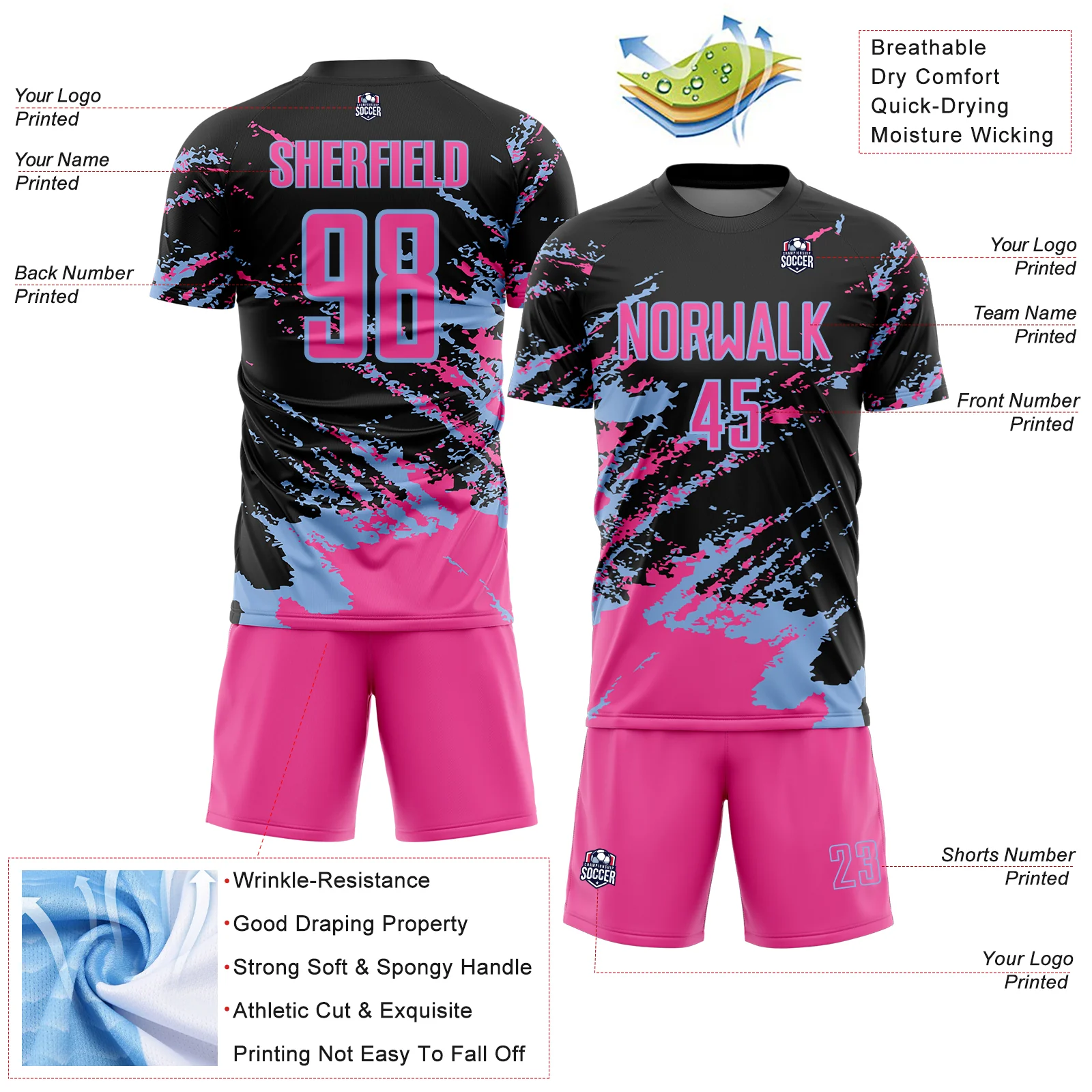 Custom Black Pink-Light Blue Abstract Fragment Art Splash Sports Sublimation Soccer Uniform Jersey - Image 4