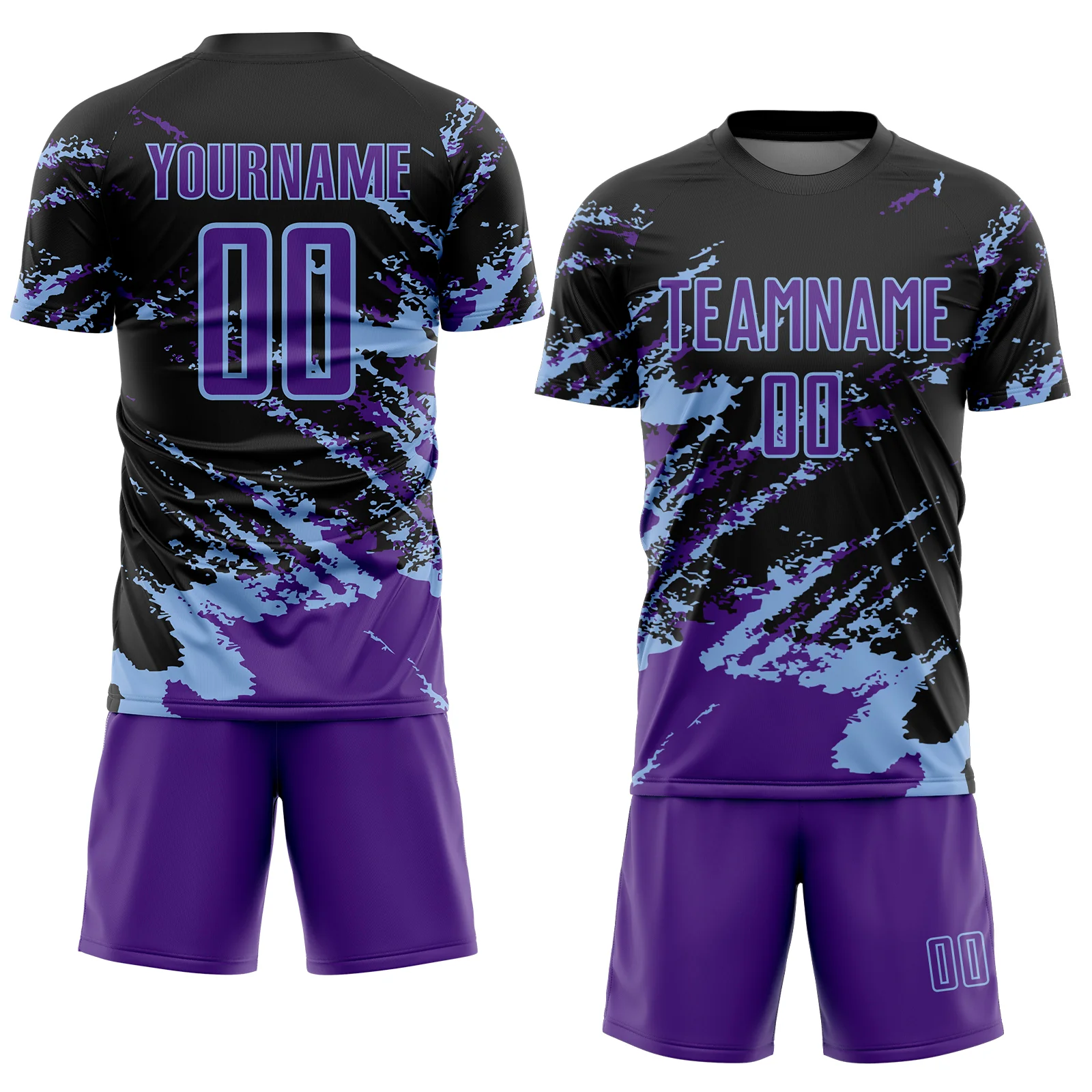Custom Black Purple-Light Blue Abstract Fragment Art Splash Sports Sublimation Soccer Uniform Jersey - Image 2