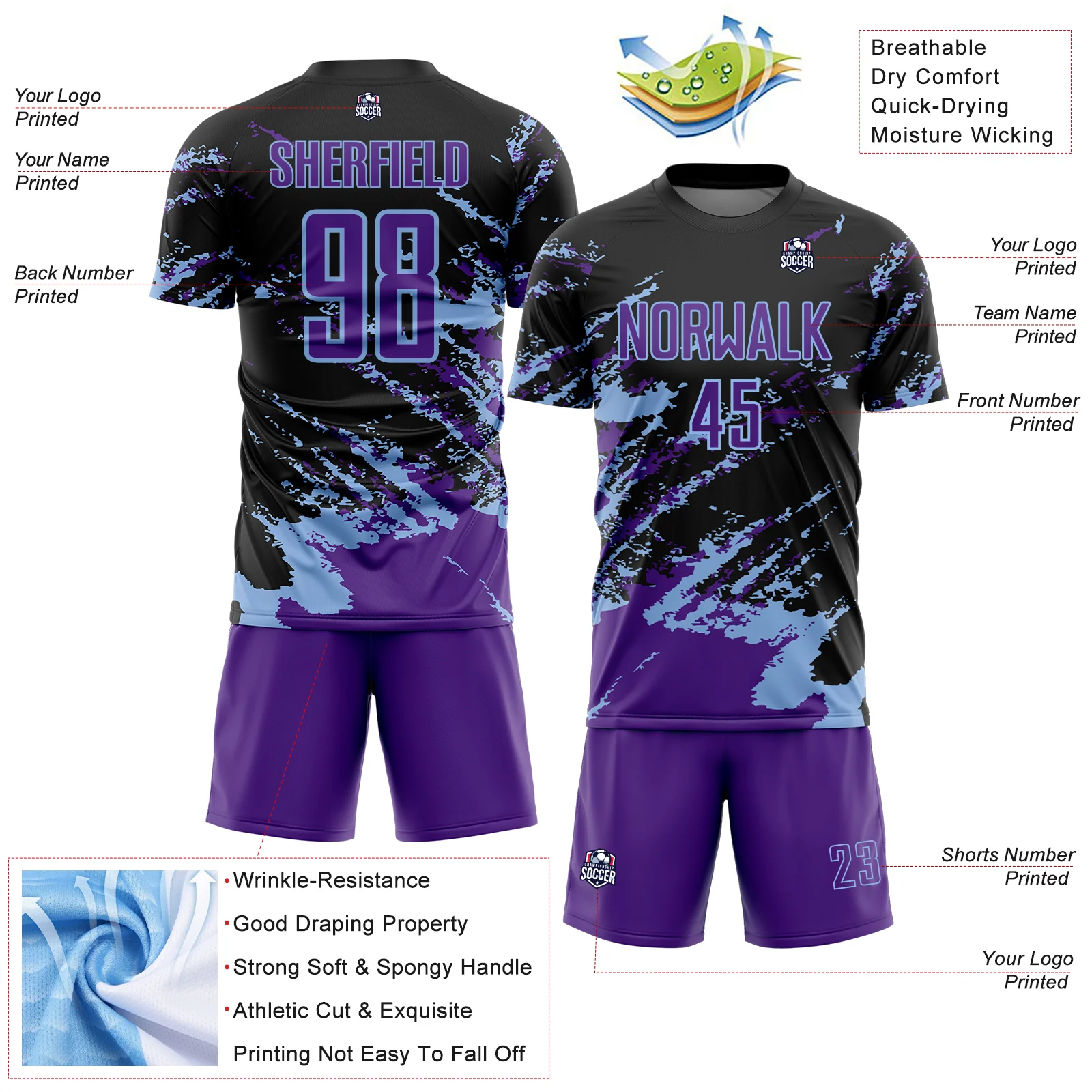 Custom Black Purple-Light Blue Abstract Fragment Art Splash Sports Sublimation Soccer Uniform Jersey - Image 4