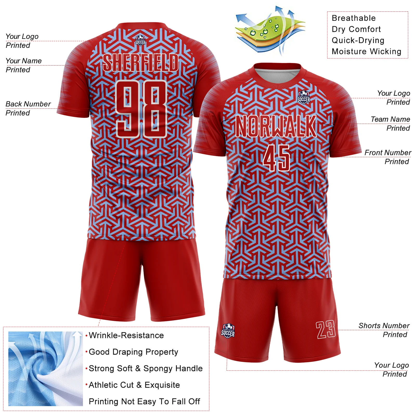 Custom Red Light Blue-White Geometric Arrow Sublimation Soccer Uniform Jersey - Image 4