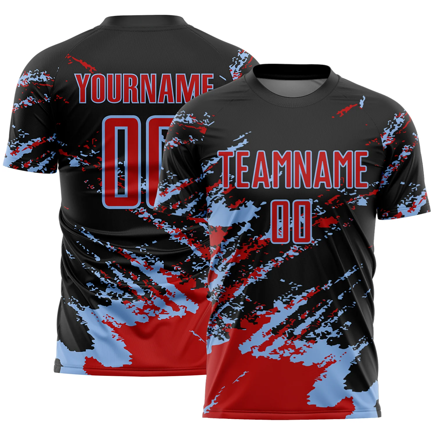 Custom Black Red-Light Blue Abstract Fragment Art Splash Sports Sublimation Soccer Uniform Jersey