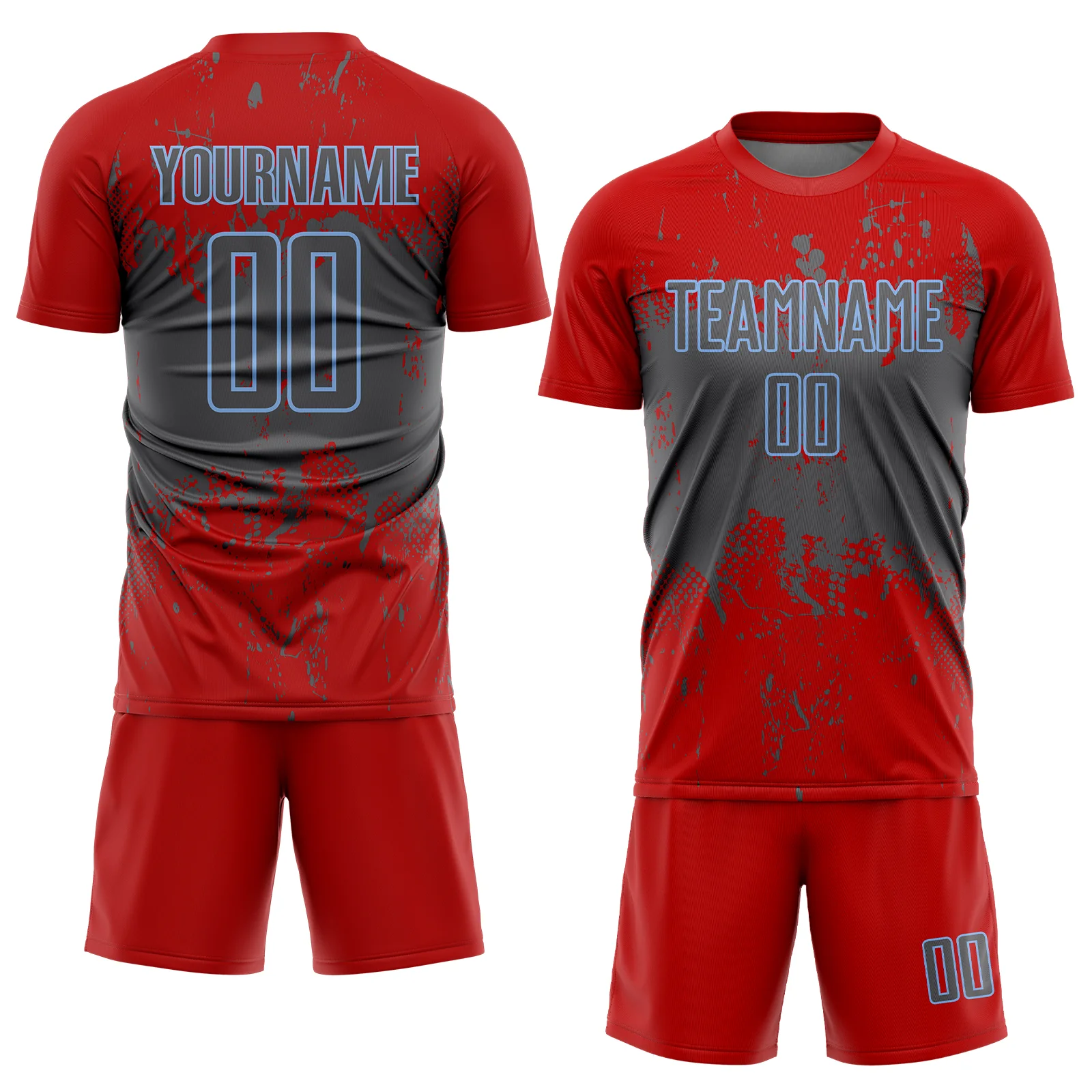 Custom Red Steel Gray-Light Blue Abstract Splatter Grunge Art Sports Sublimation Soccer Uniform Jersey - Image 2