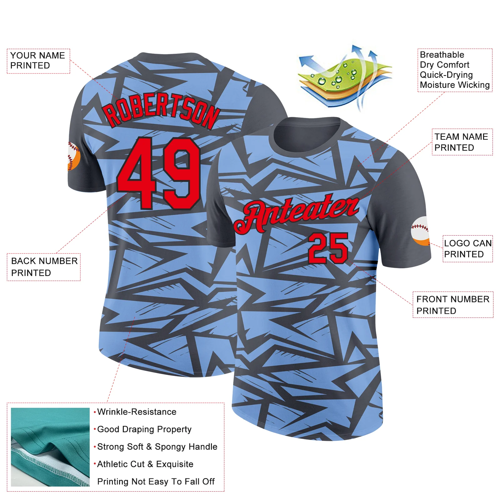 Custom Steel Gray Fire Red Light Blue-Black 3D Esports Performance T-Shirt - Image 2