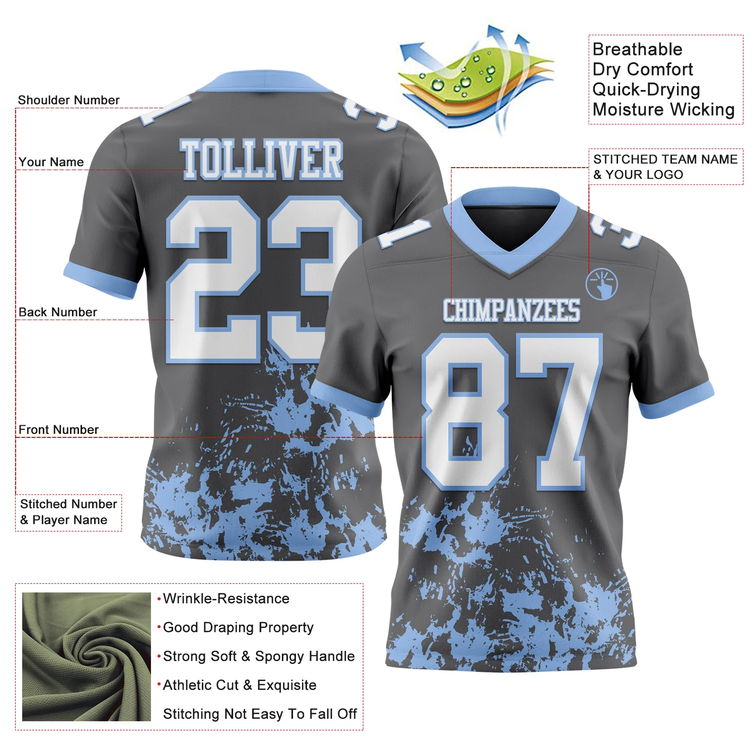 Custom Steel Gray White-Light Blue 3D Pattern Splash Authentic Football Jersey - Image 2